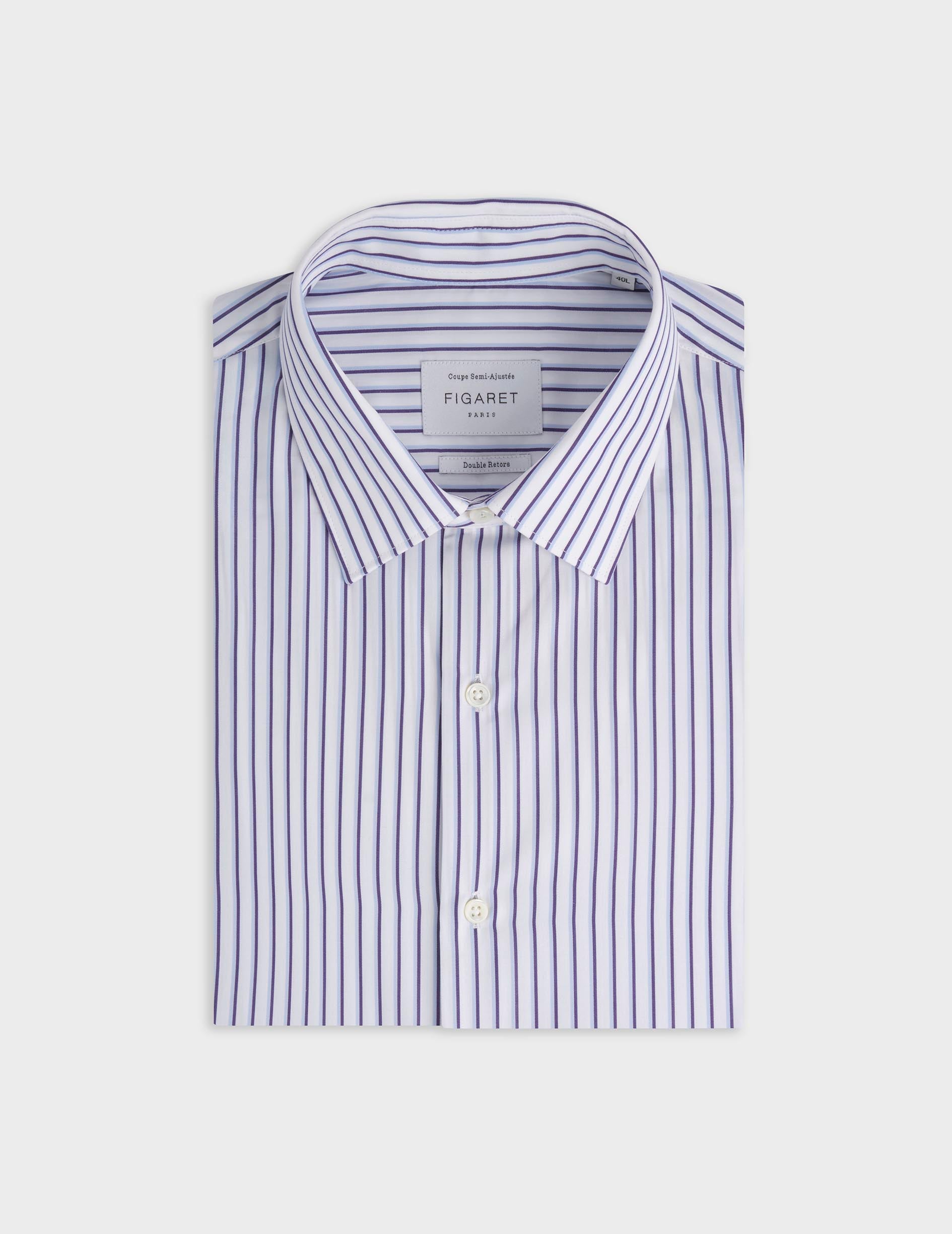 Navy striped semi-fitted shirt - Poplin - Figaret Collar