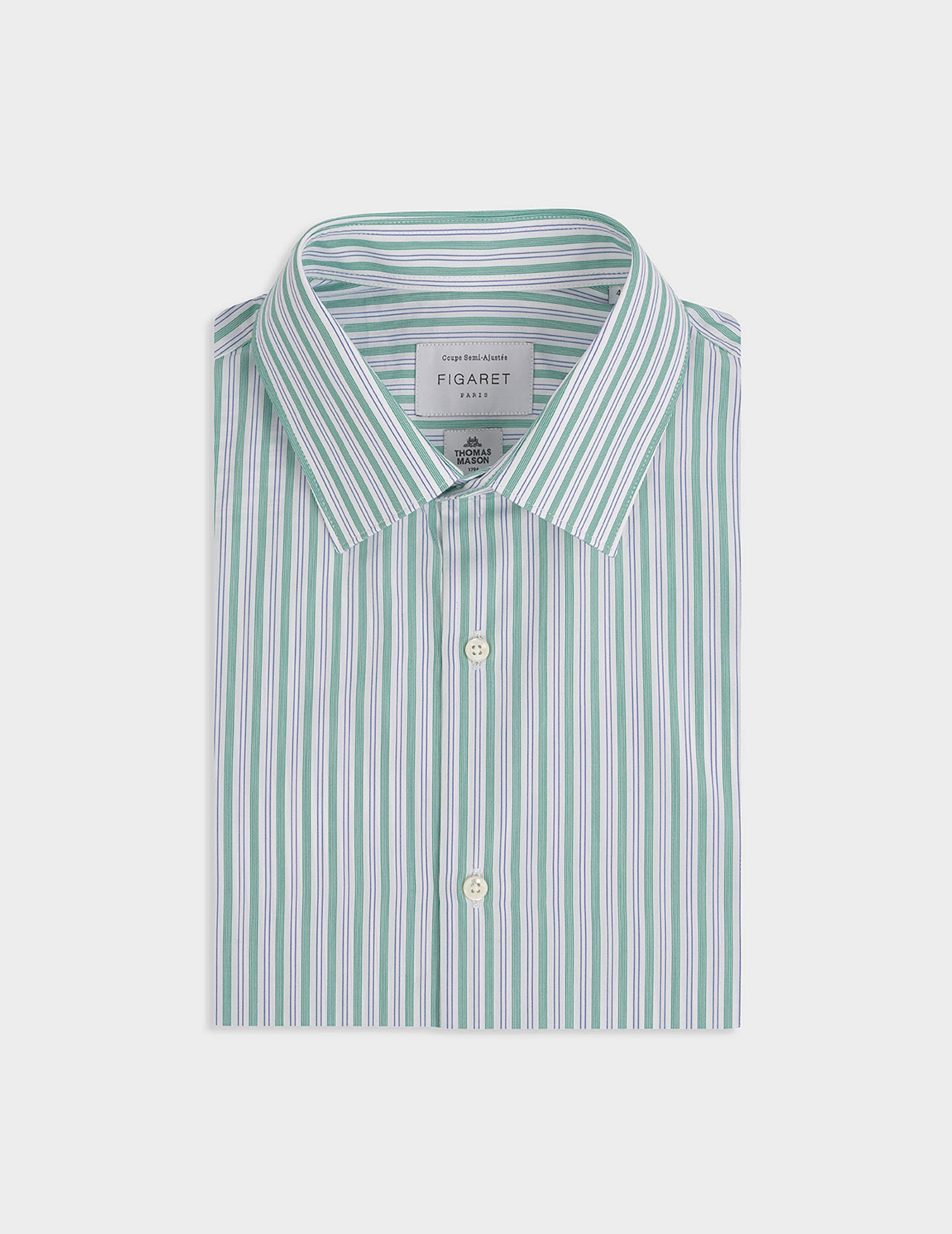 Green striped semi-fitted shirt - Poplin - Figaret Collar
