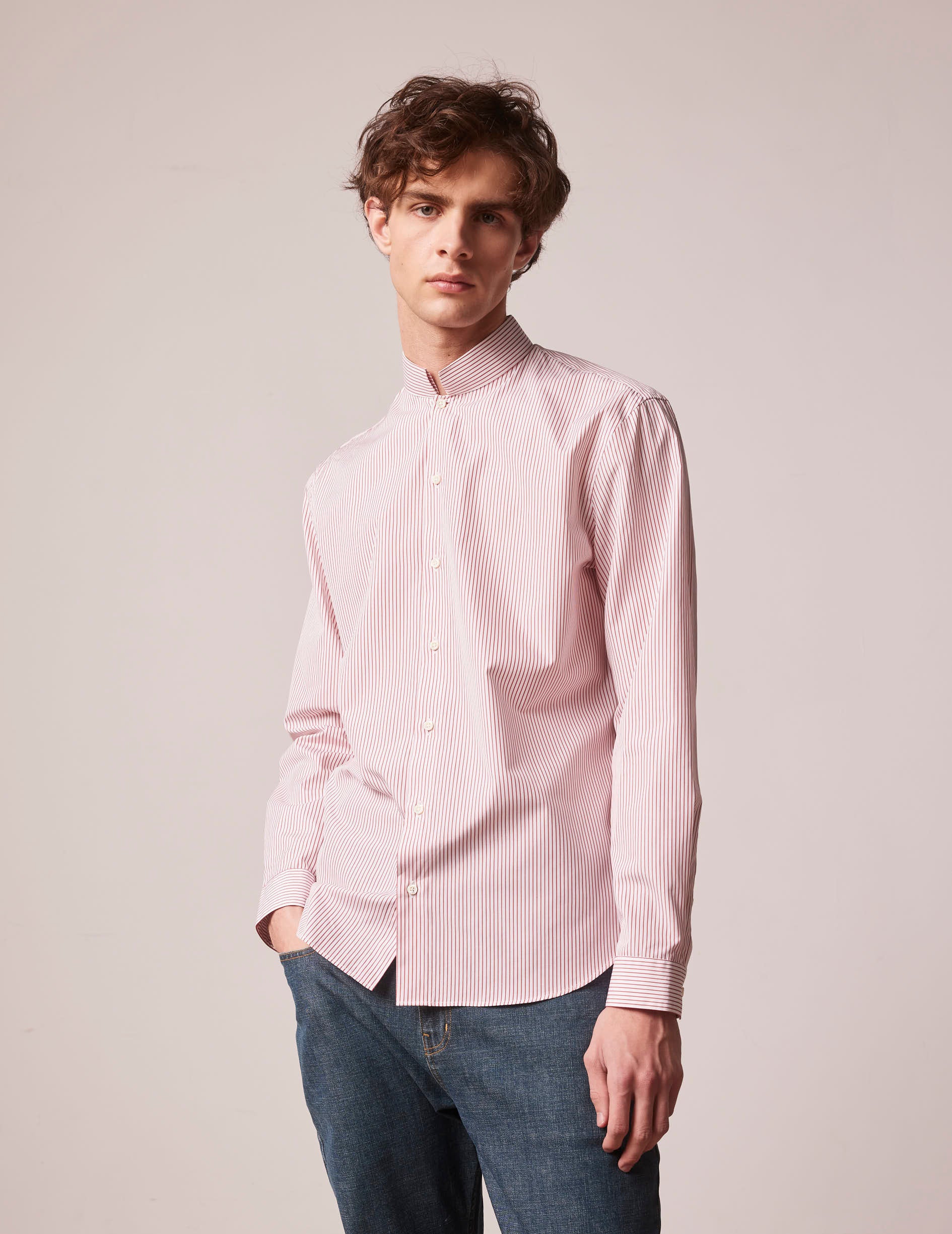 Red striped semi-fitted shirt - Poplin - Reverse Collar