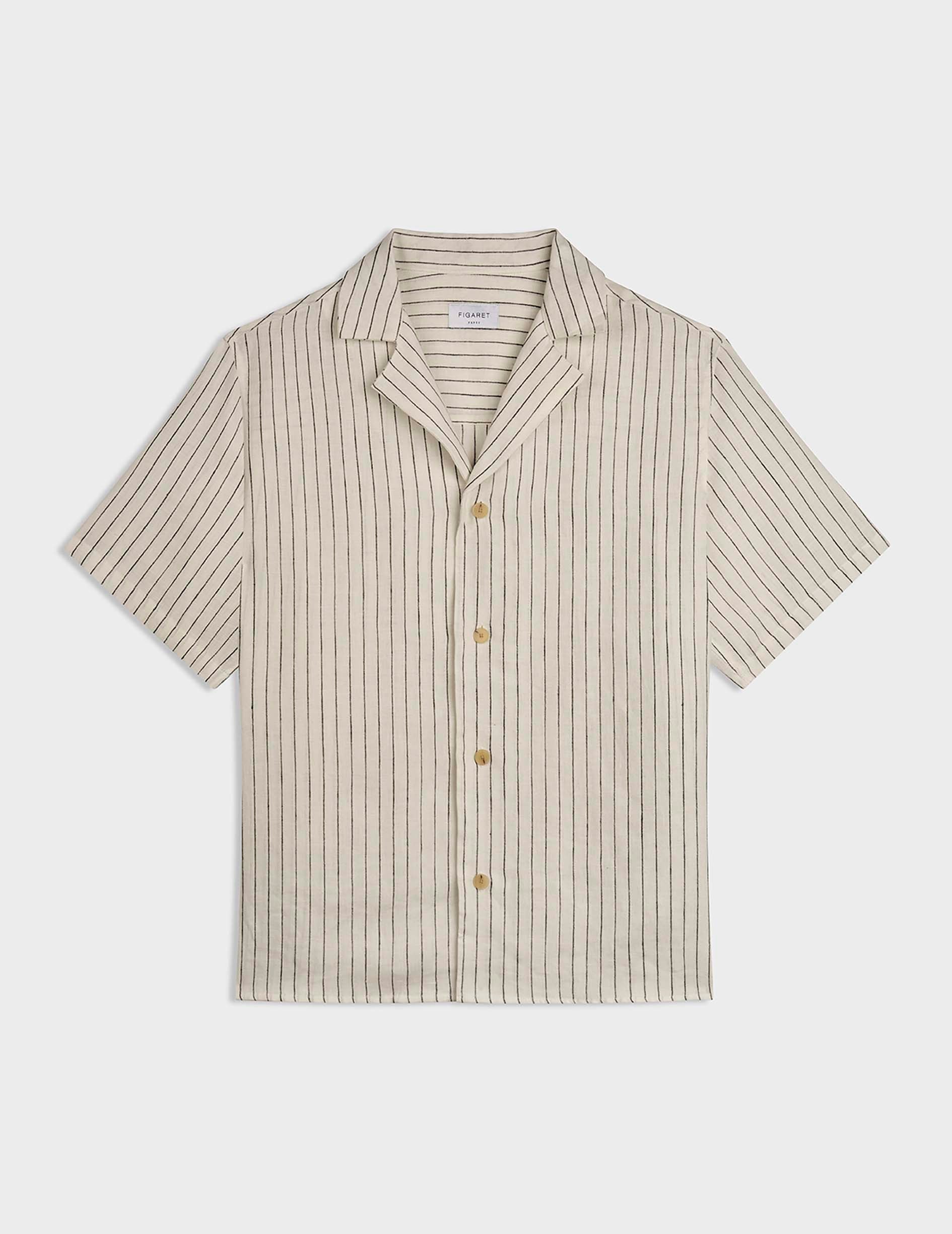 Short sleeve black striped linen Leandre shirt - Linen - Pyjamas Collar