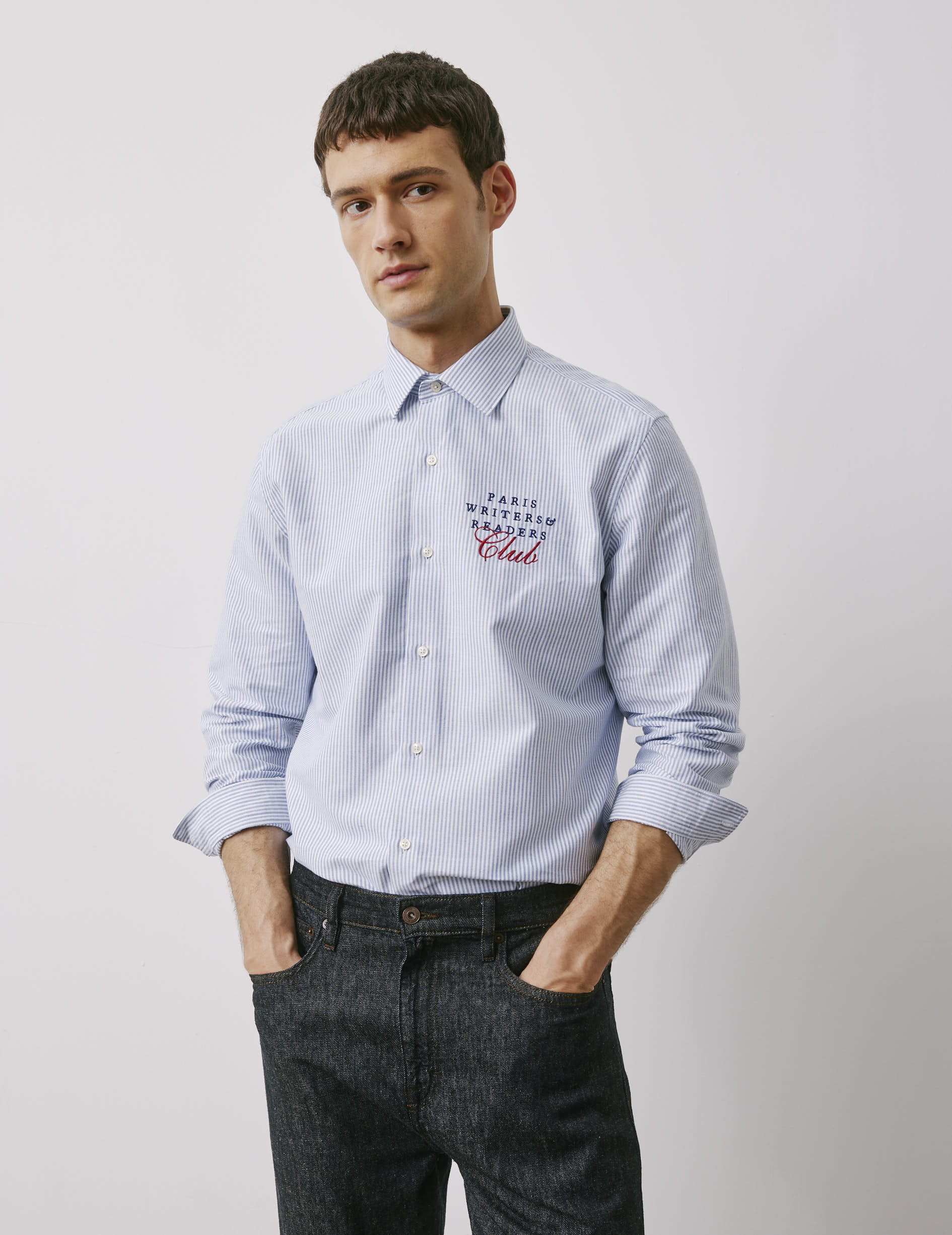 Blue Messy Nessy embroidered Club striped shirt - Oxford - Figaret Collar