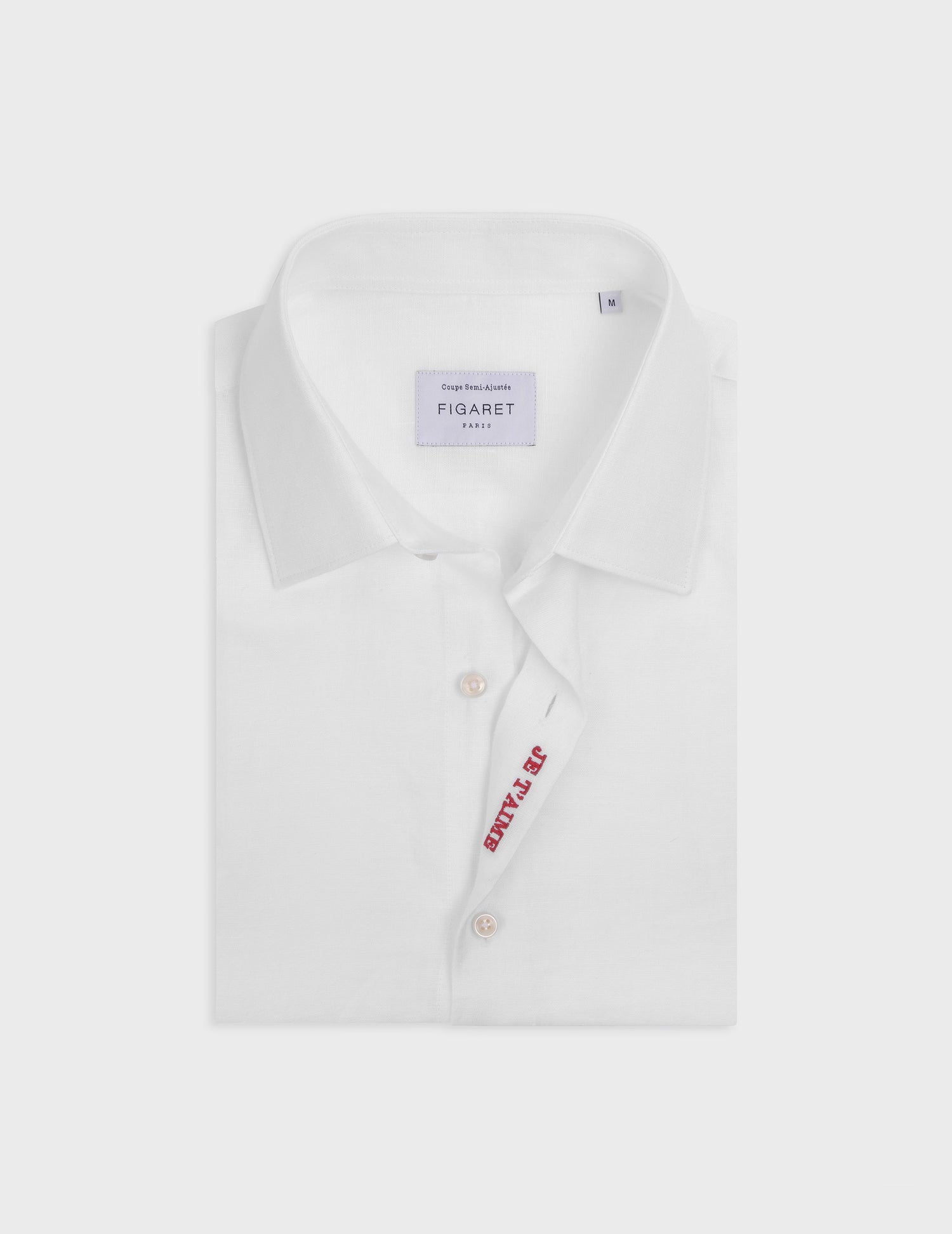 Unisex White linen "Je t'aime" shirt - Linen - Figaret Collar#7