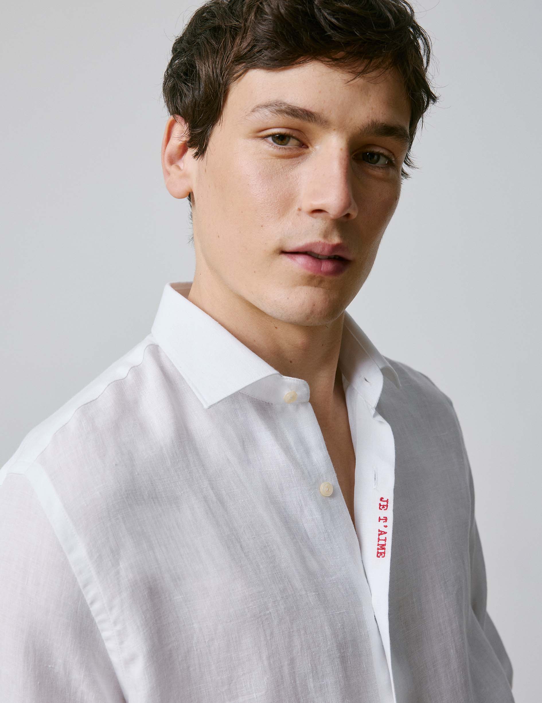 Unisex White linen "Je t'aime" shirt - Linen - Figaret Collar