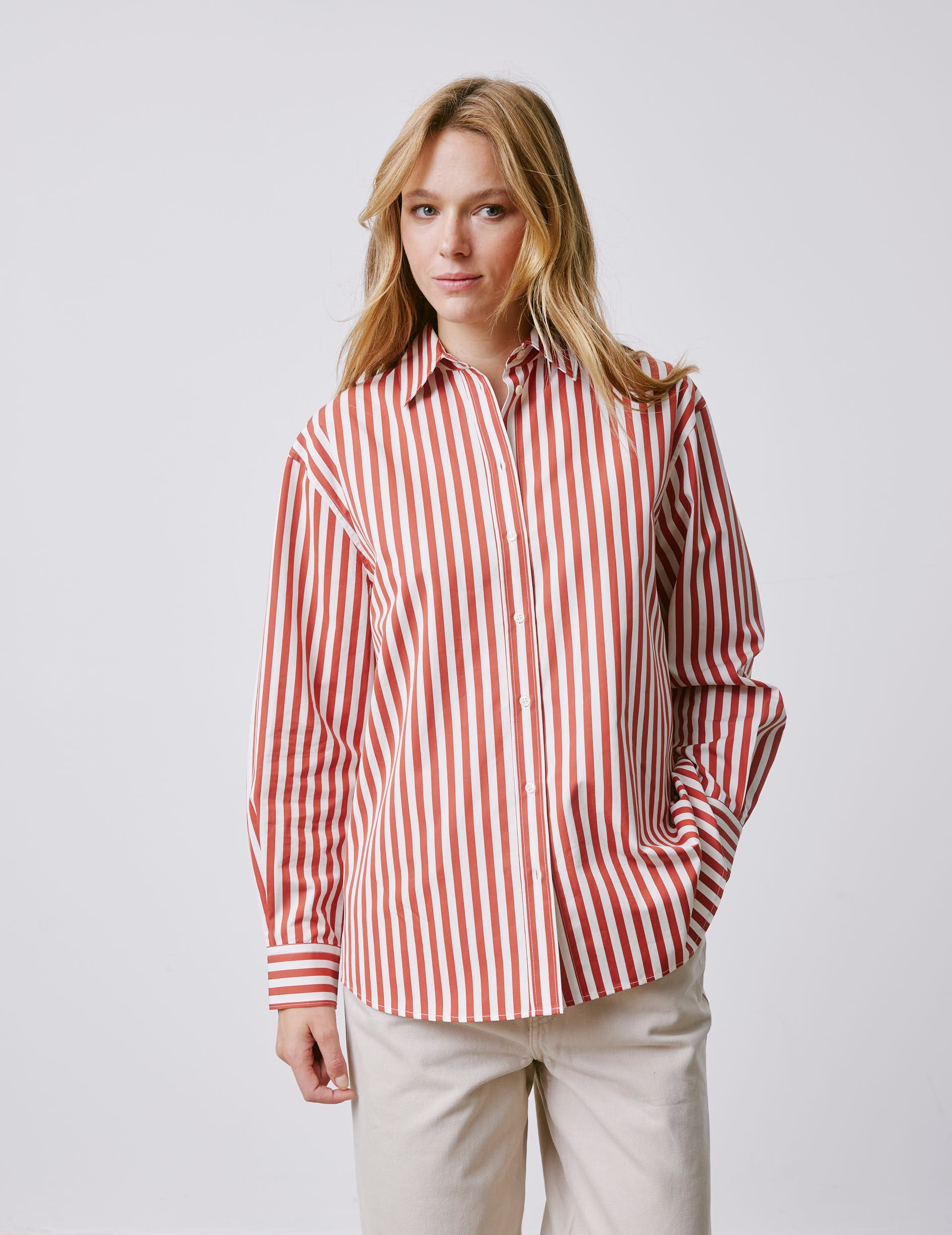 Delina red striped oversized shirt - Poplin - Shirt Collar