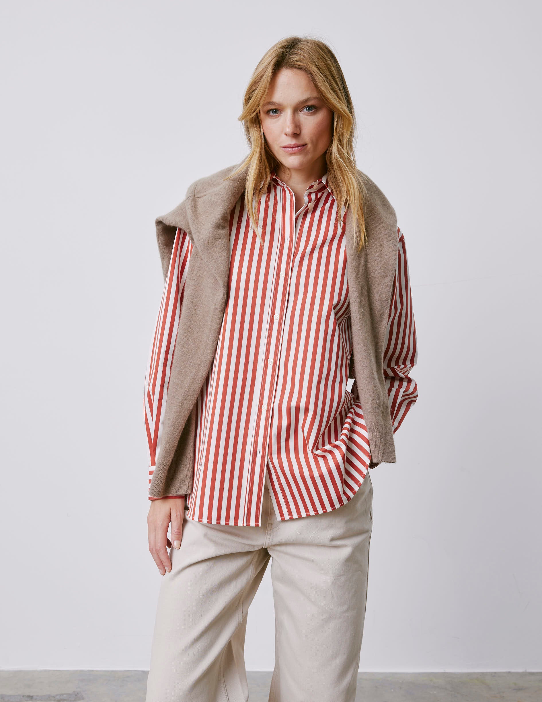 Delina red striped oversized shirt - Poplin - Shirt Collar