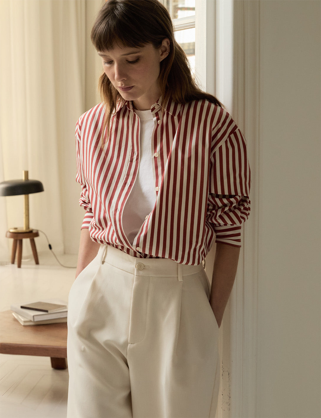 Delina red striped oversized shirt - Poplin - Shirt Collar