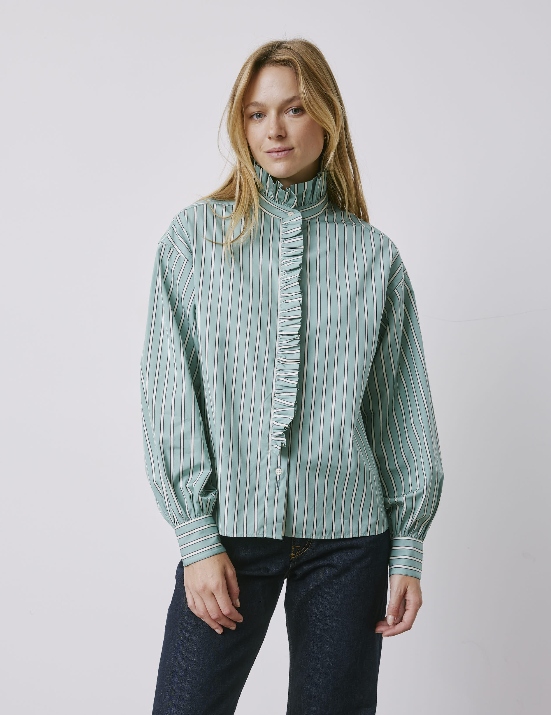 Greta sage-green striped shirt - Poplin - Victorian Collar