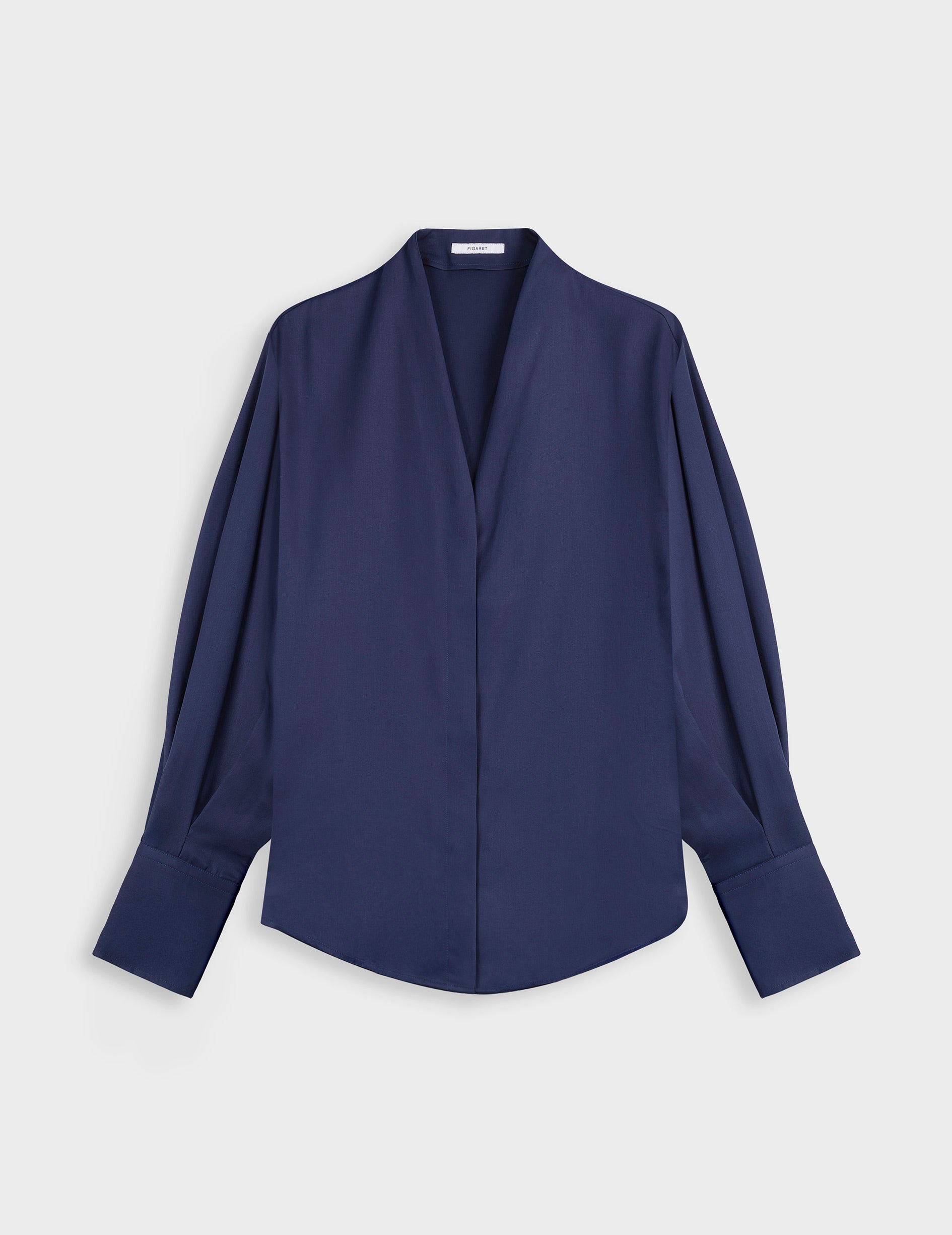 Ilena hidden button placket in navy lyocell shirt - Lyocell - Rising Shawl Collar