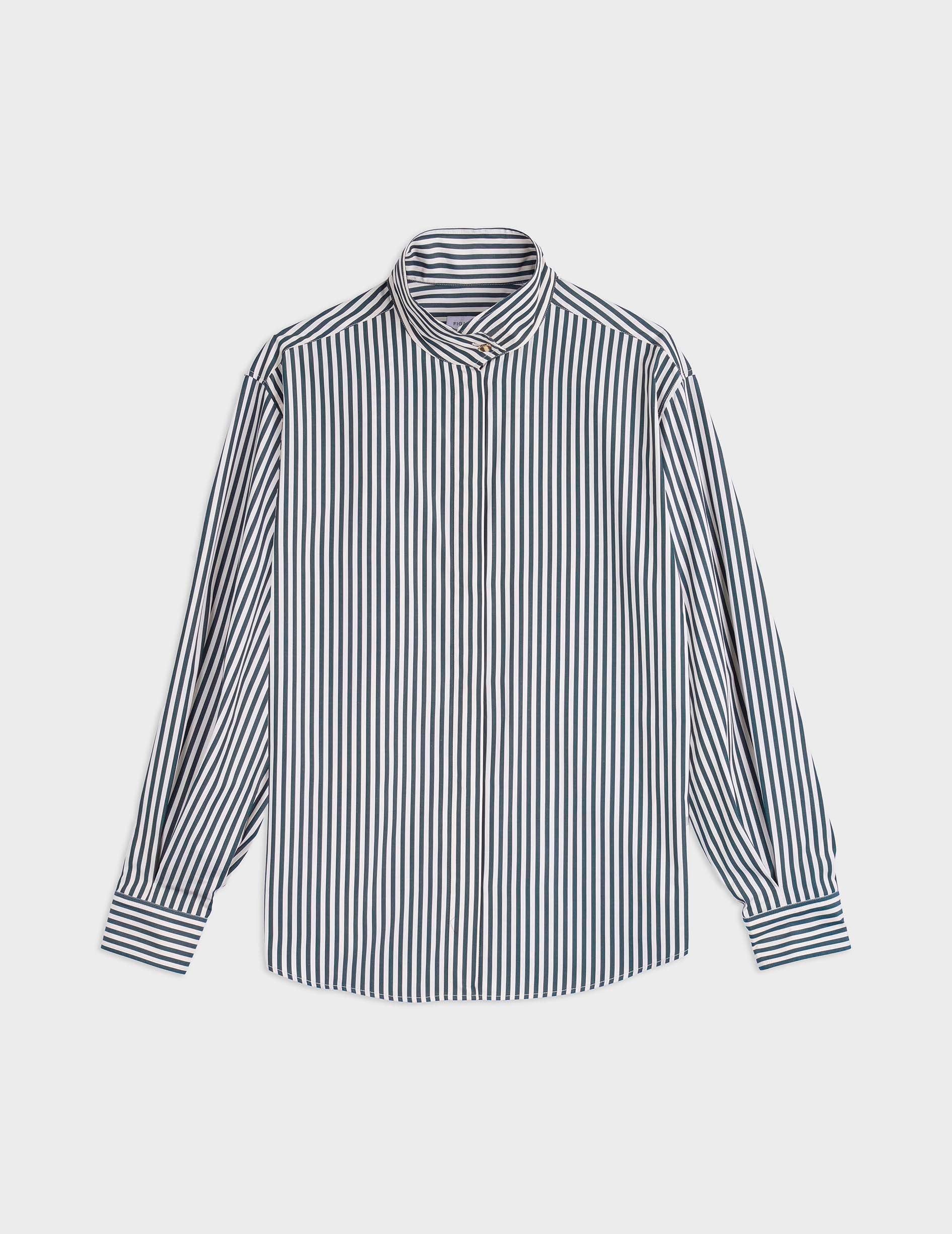 Innaée green striped hidden button placket shirt - Poplin - High Collar