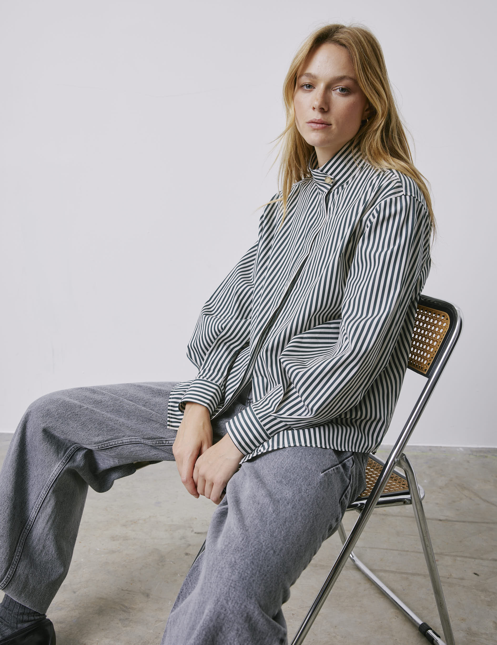 Innaée green striped hidden button placket shirt - Poplin - High Collar