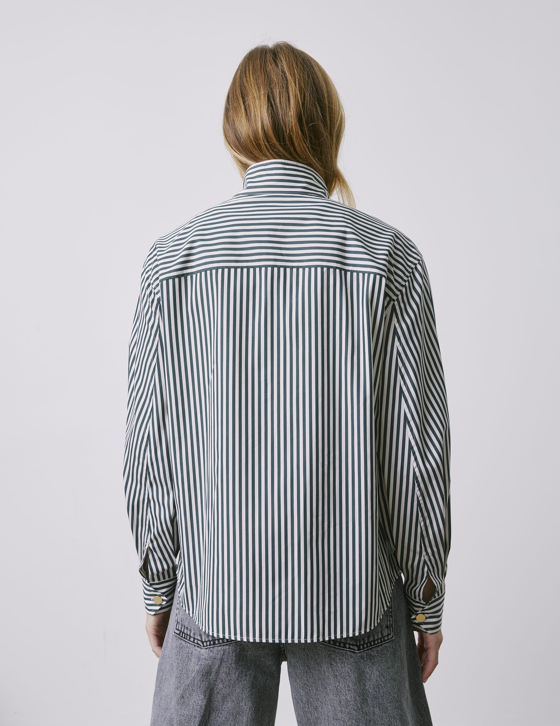 Innaée green striped hidden button placket shirt - Poplin - High Collar