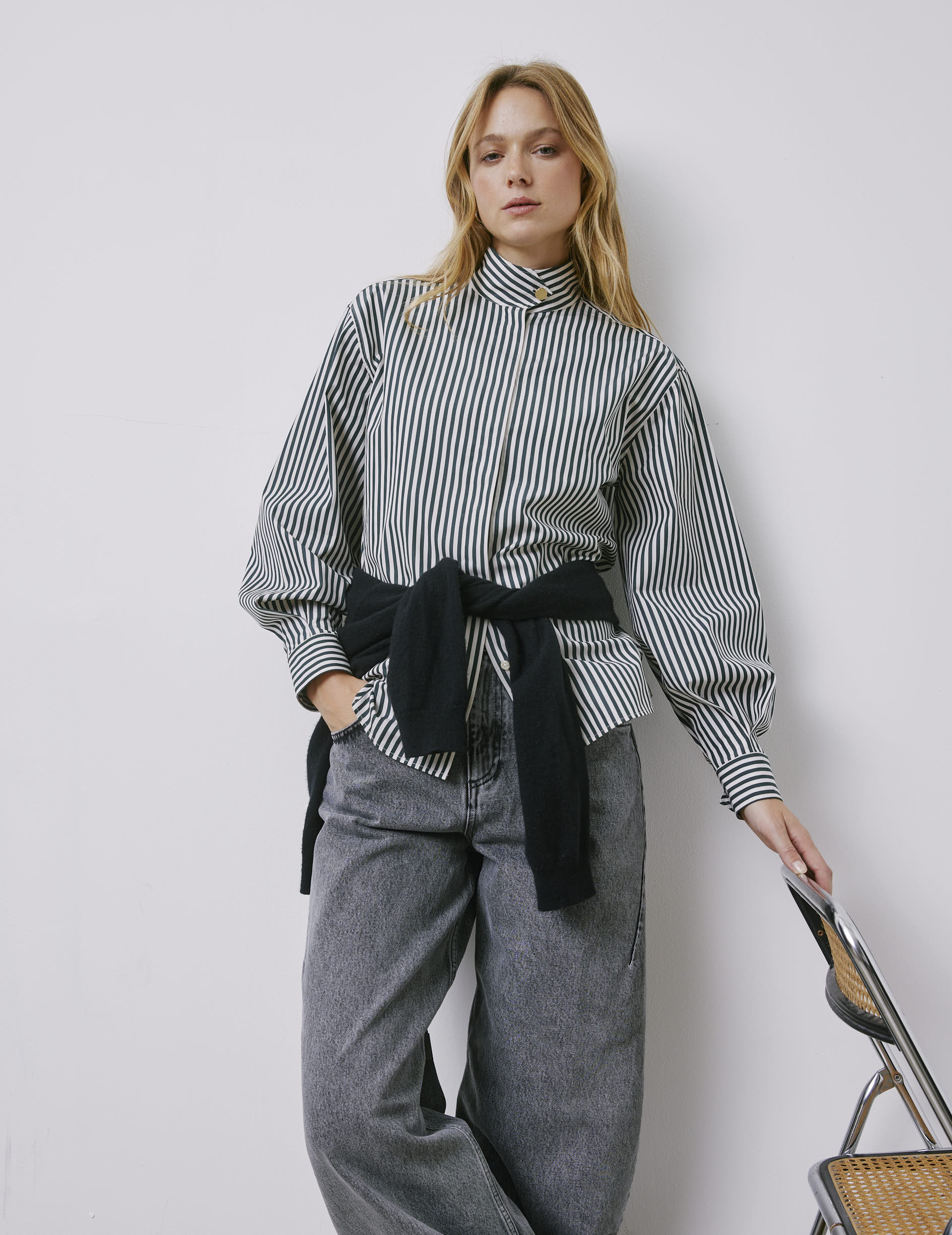 Innaée green striped hidden button placket shirt - Poplin - High Collar