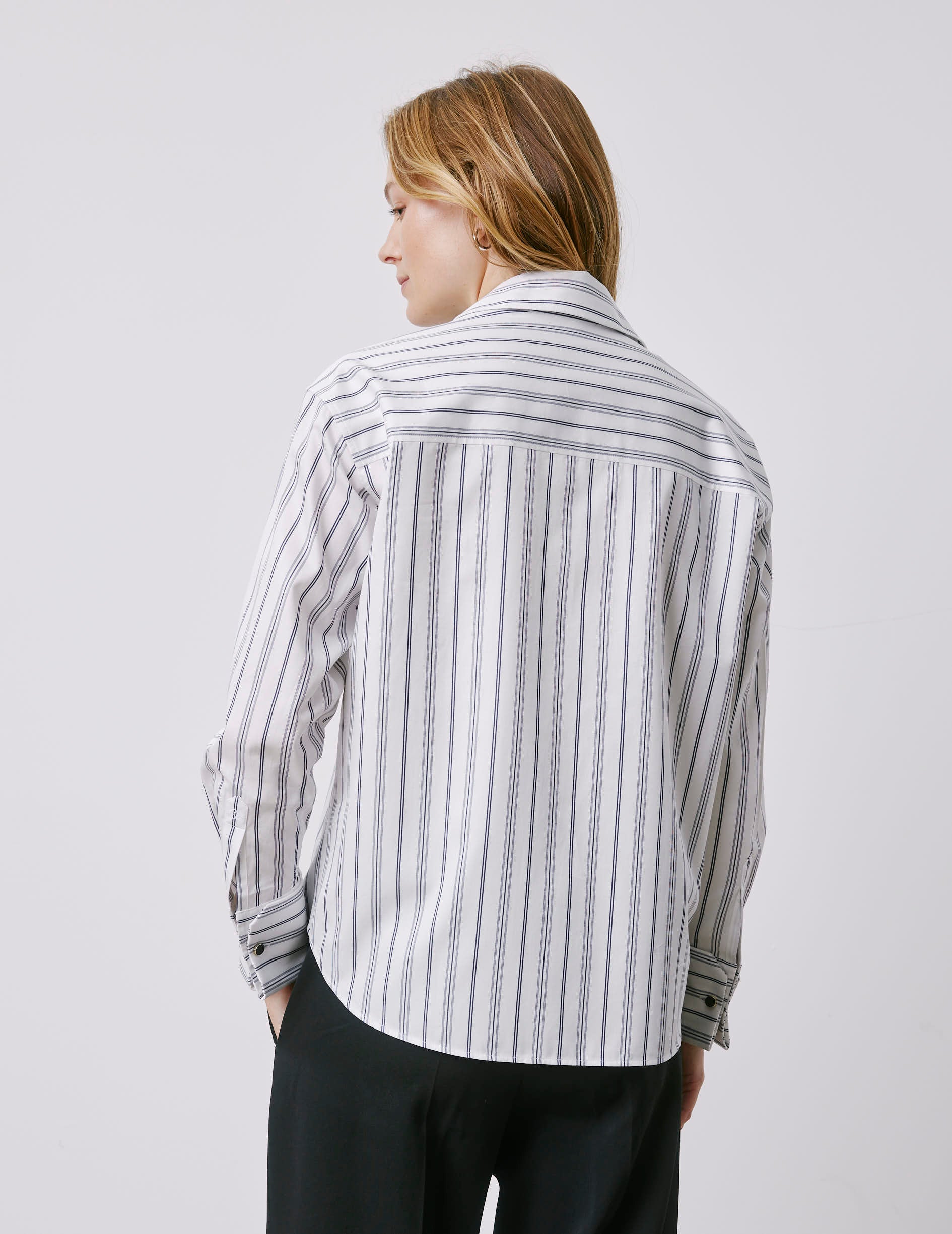 Irisa navy striped hidden button placket shirt - Twill - Long Collar - French Cuffs