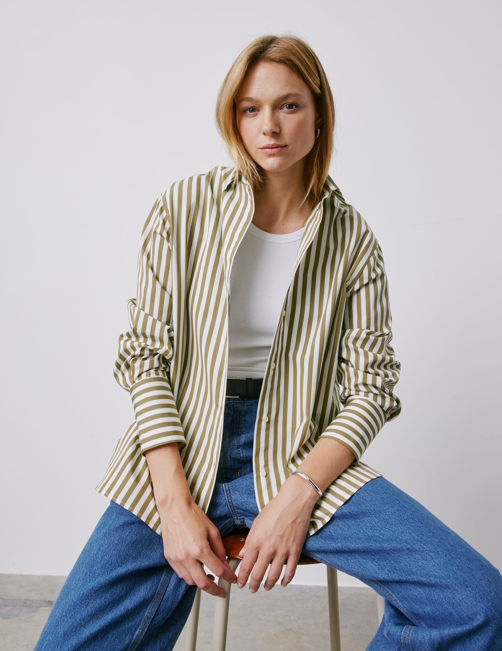 Léa khaki striped oversized shirt - Poplin - Shirt Collar
