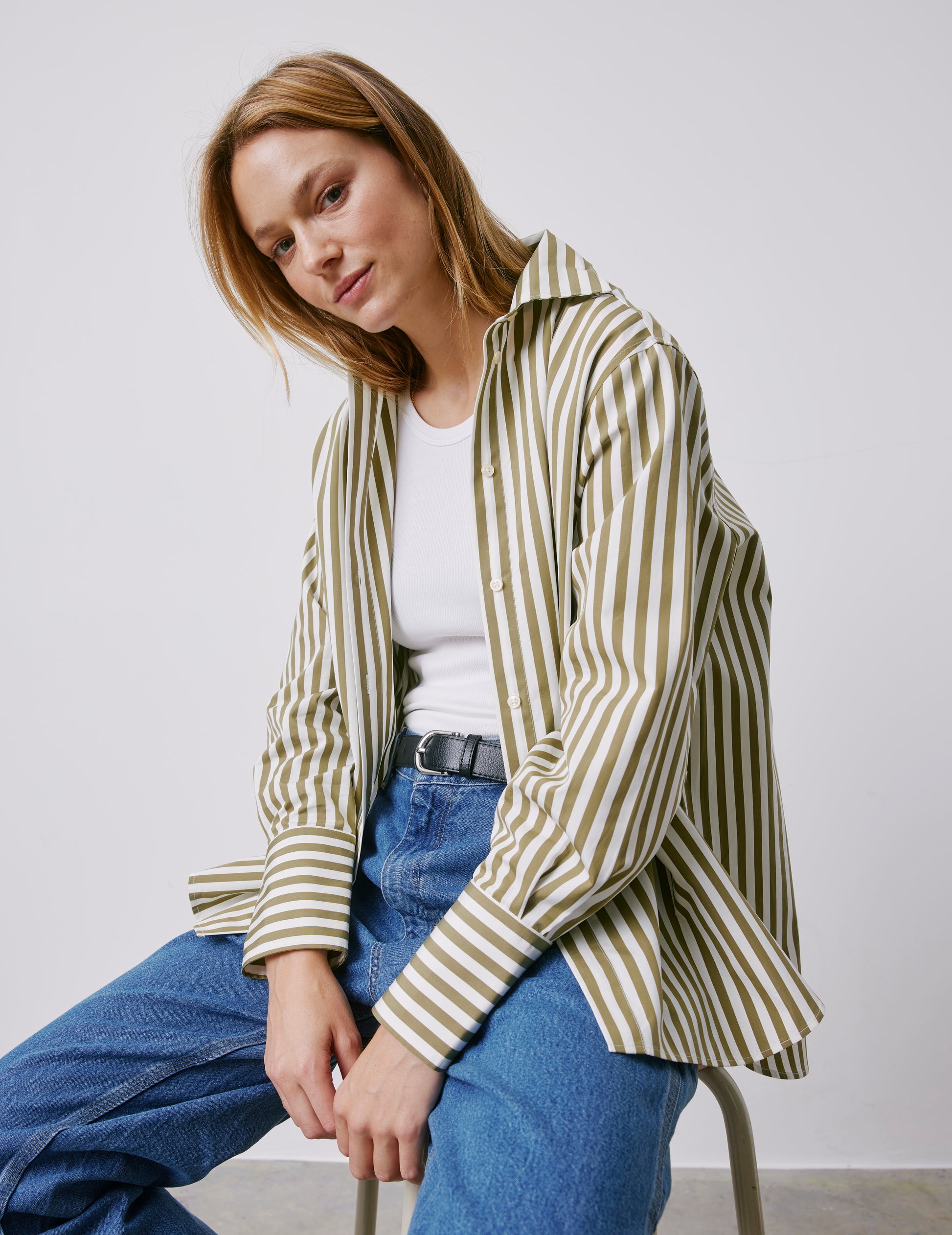 Léa khaki striped oversized shirt - Poplin - Shirt Collar
