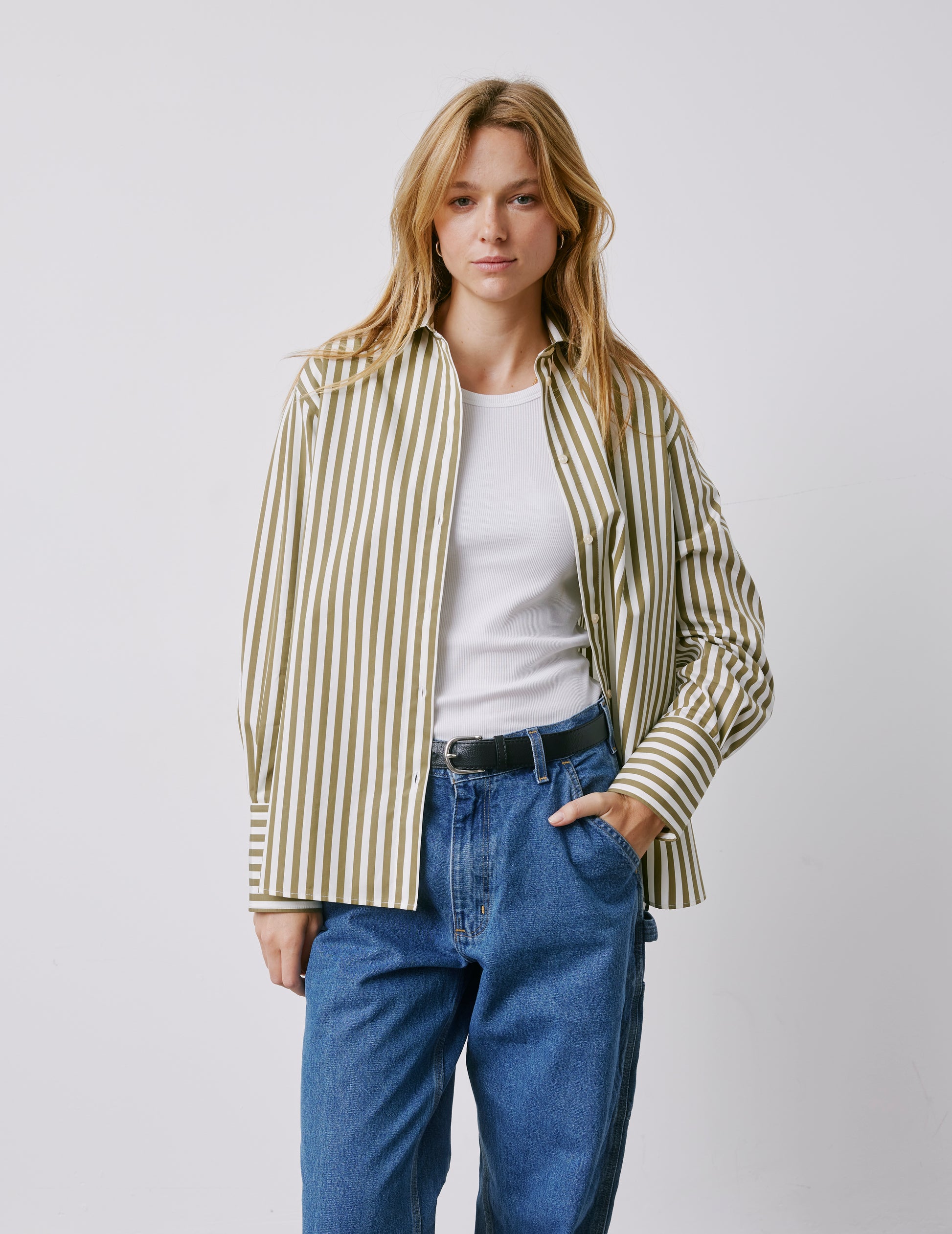 Léa khaki striped oversized shirt - Poplin - Shirt Collar