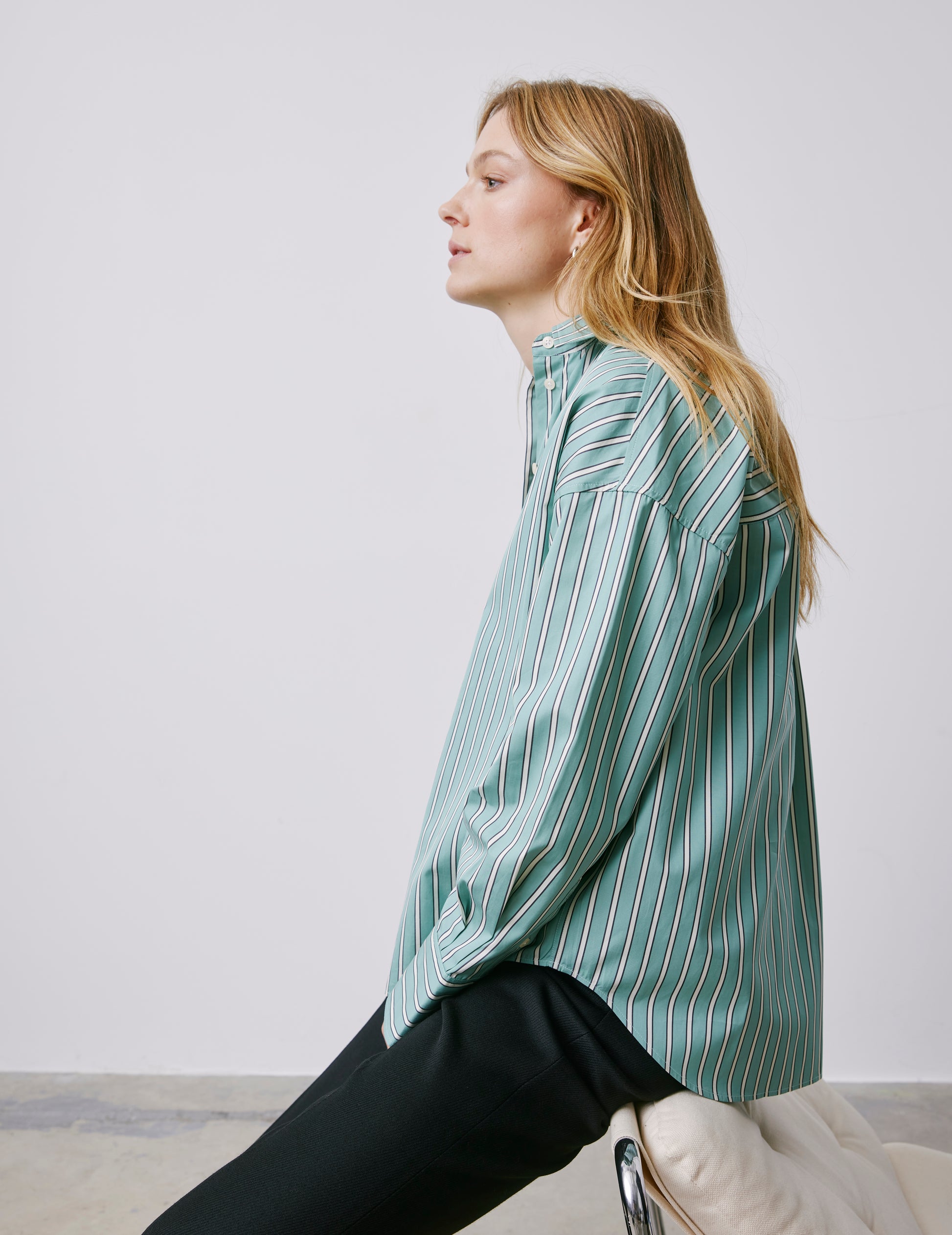 Lizandra sage green striped oversized shirt - Poplin - Shirt Collar