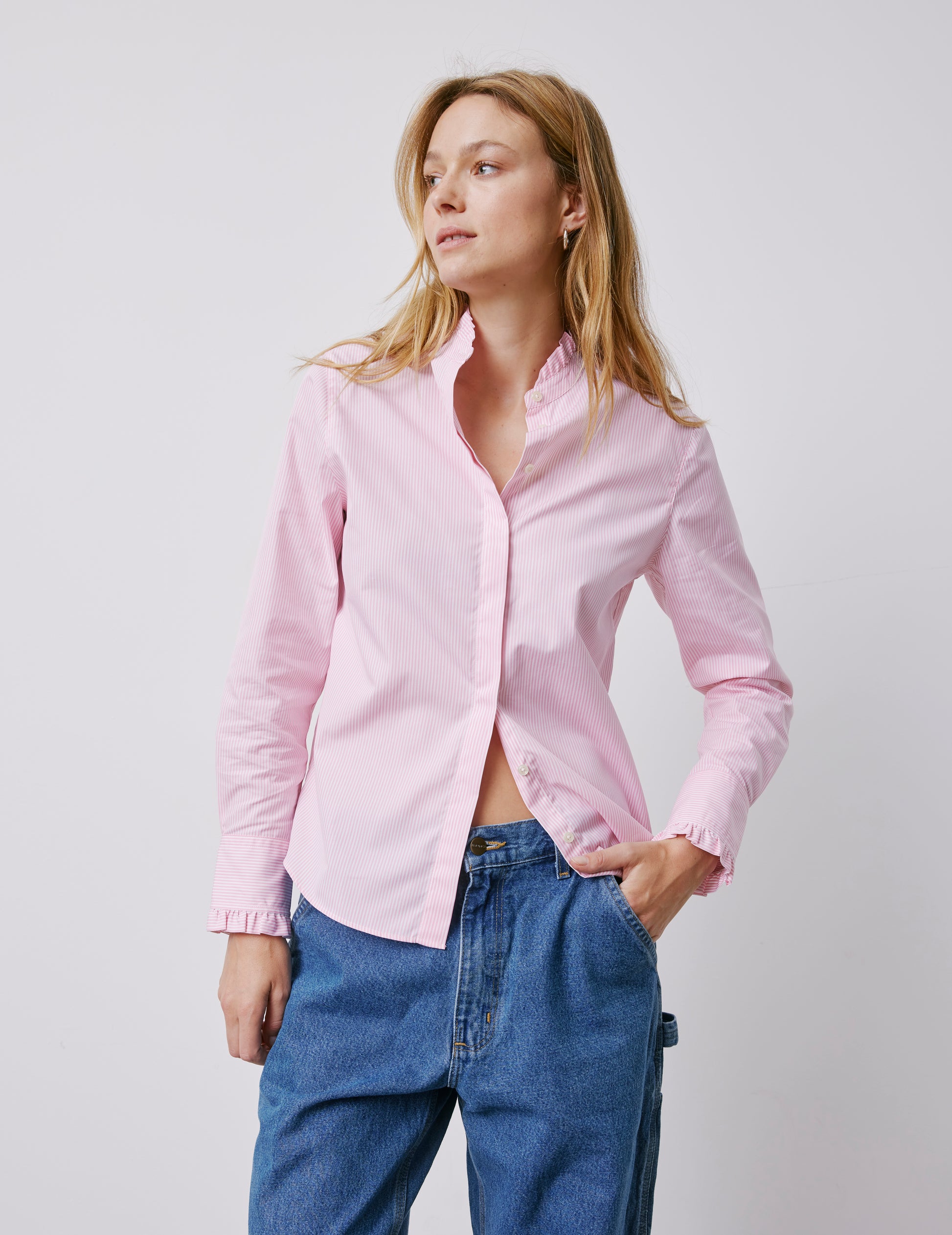 Louison pink striped hidden button placket shirt - Poplin - Victorian Collar