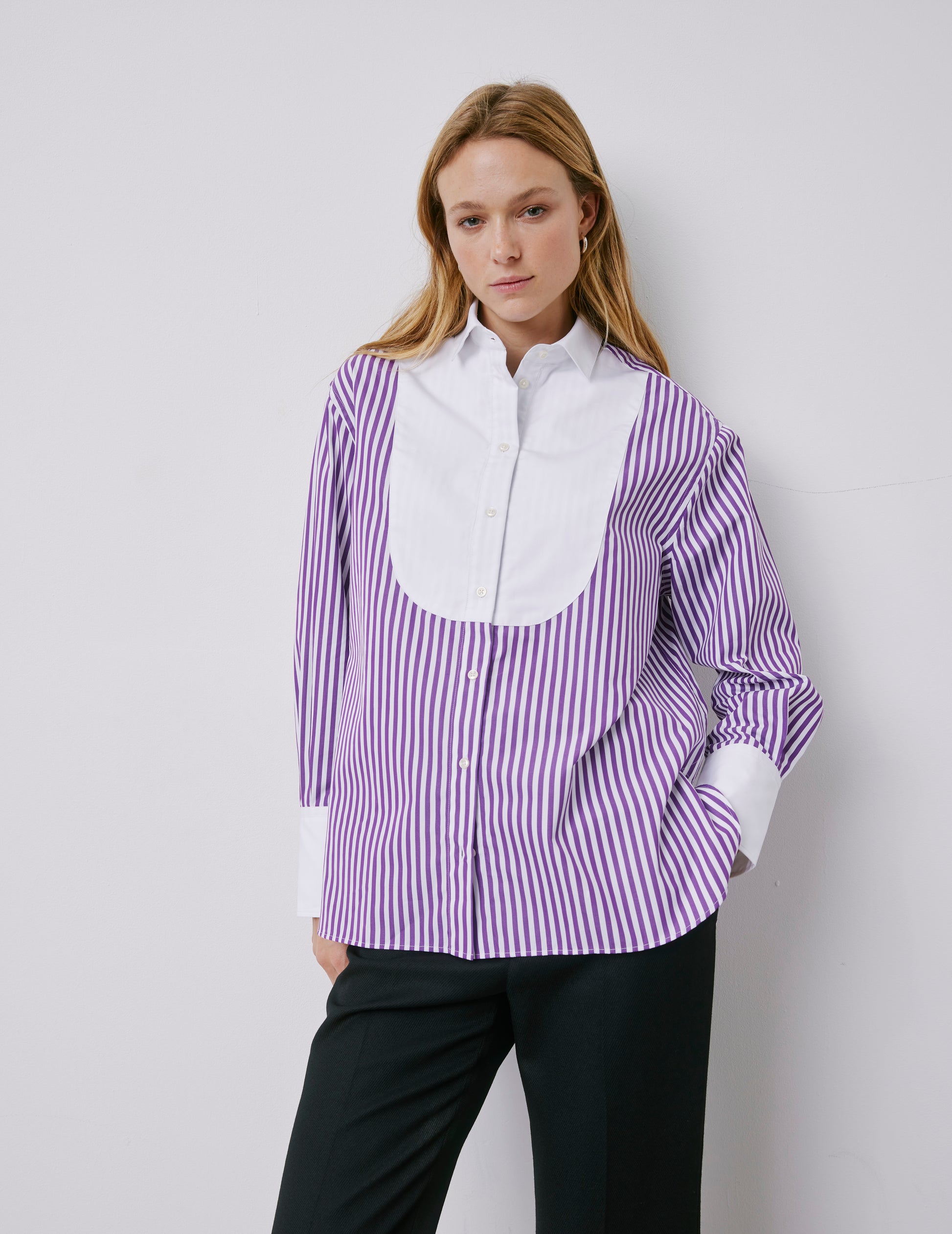 Lune purple striped oversized shirt with bib - Poplin - Shirt Collar