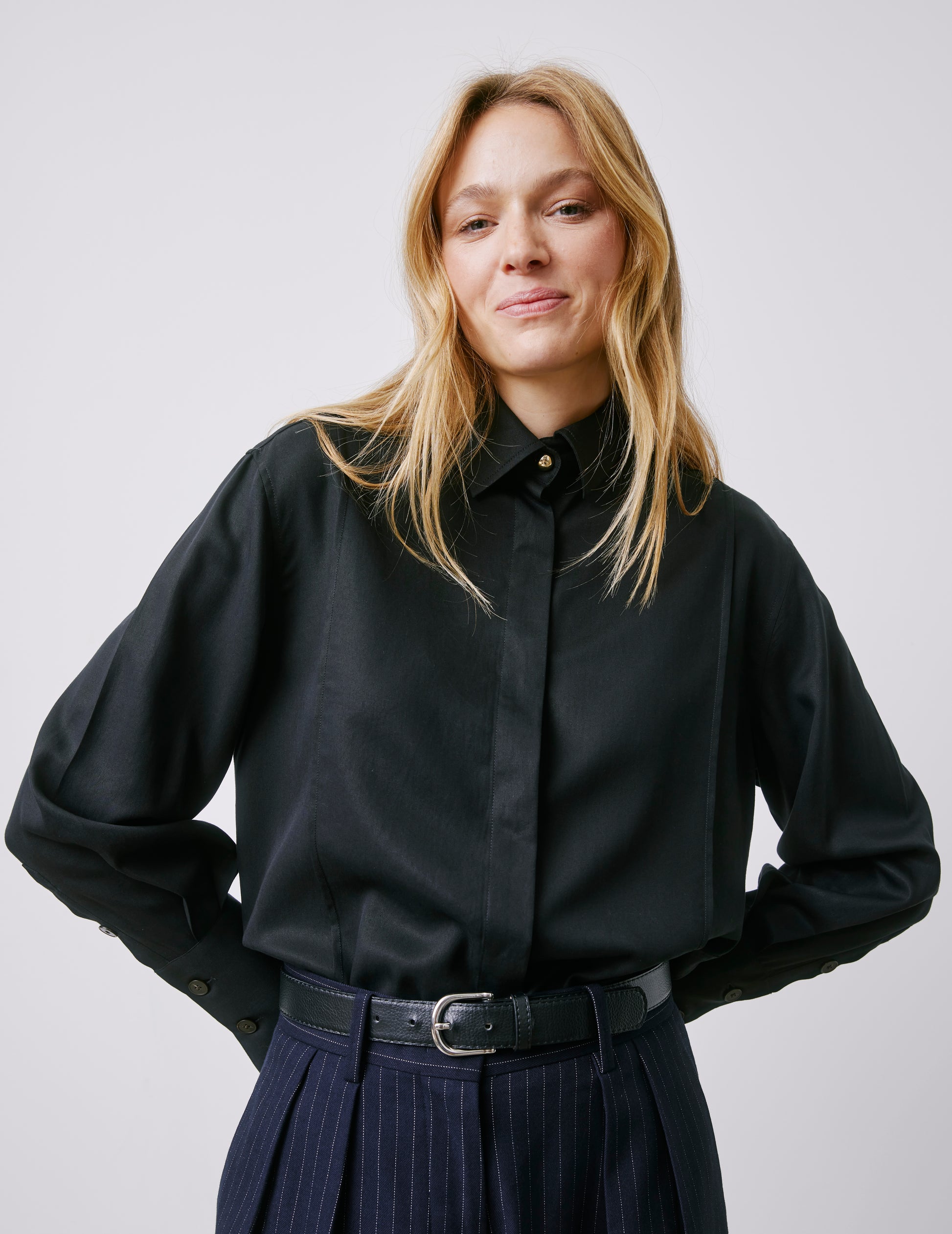 Manon black hidden button placket shirt - Lyocell - Shirt Collar