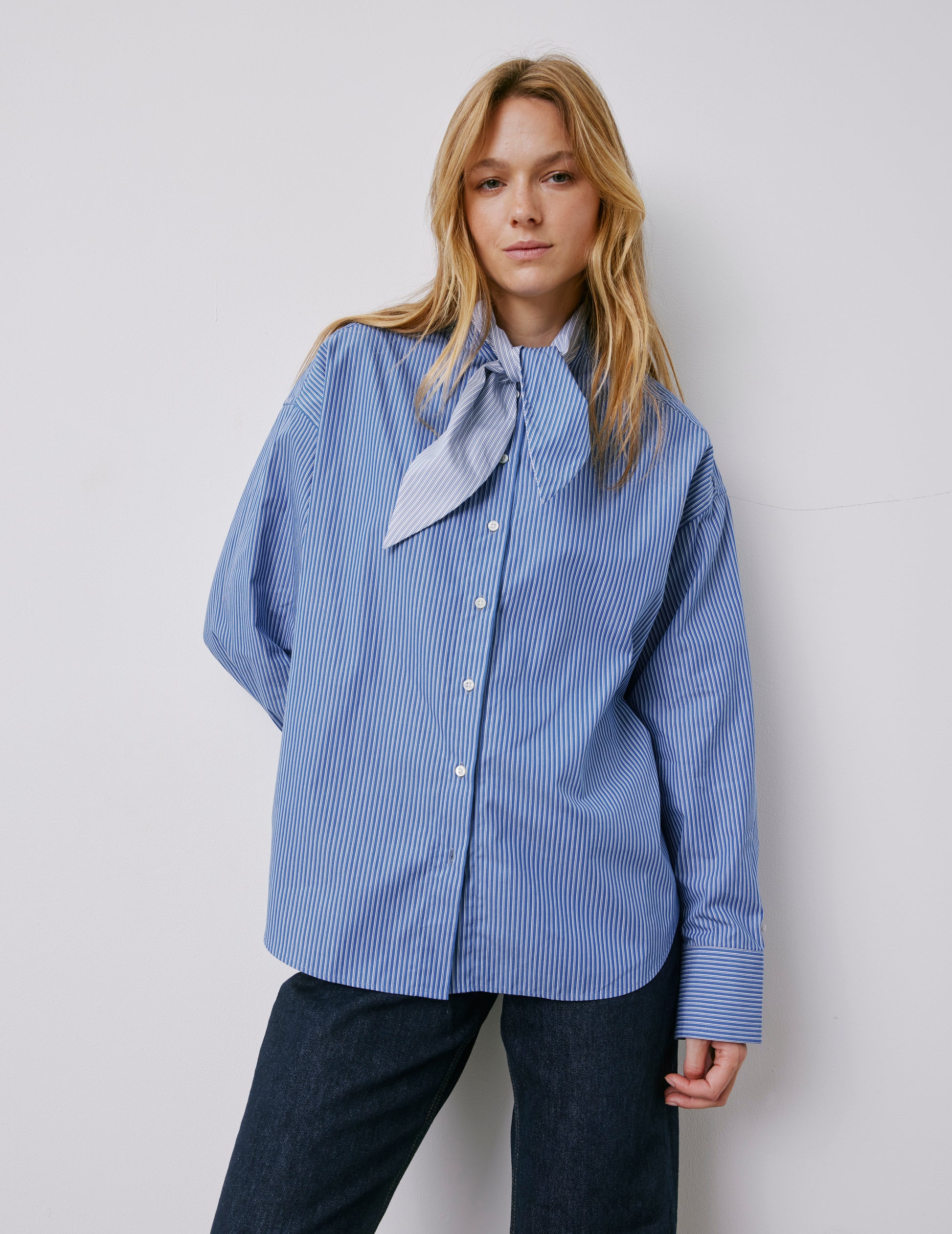 Margaux blue striped shirt - Poplin - Lavaliere Collar
