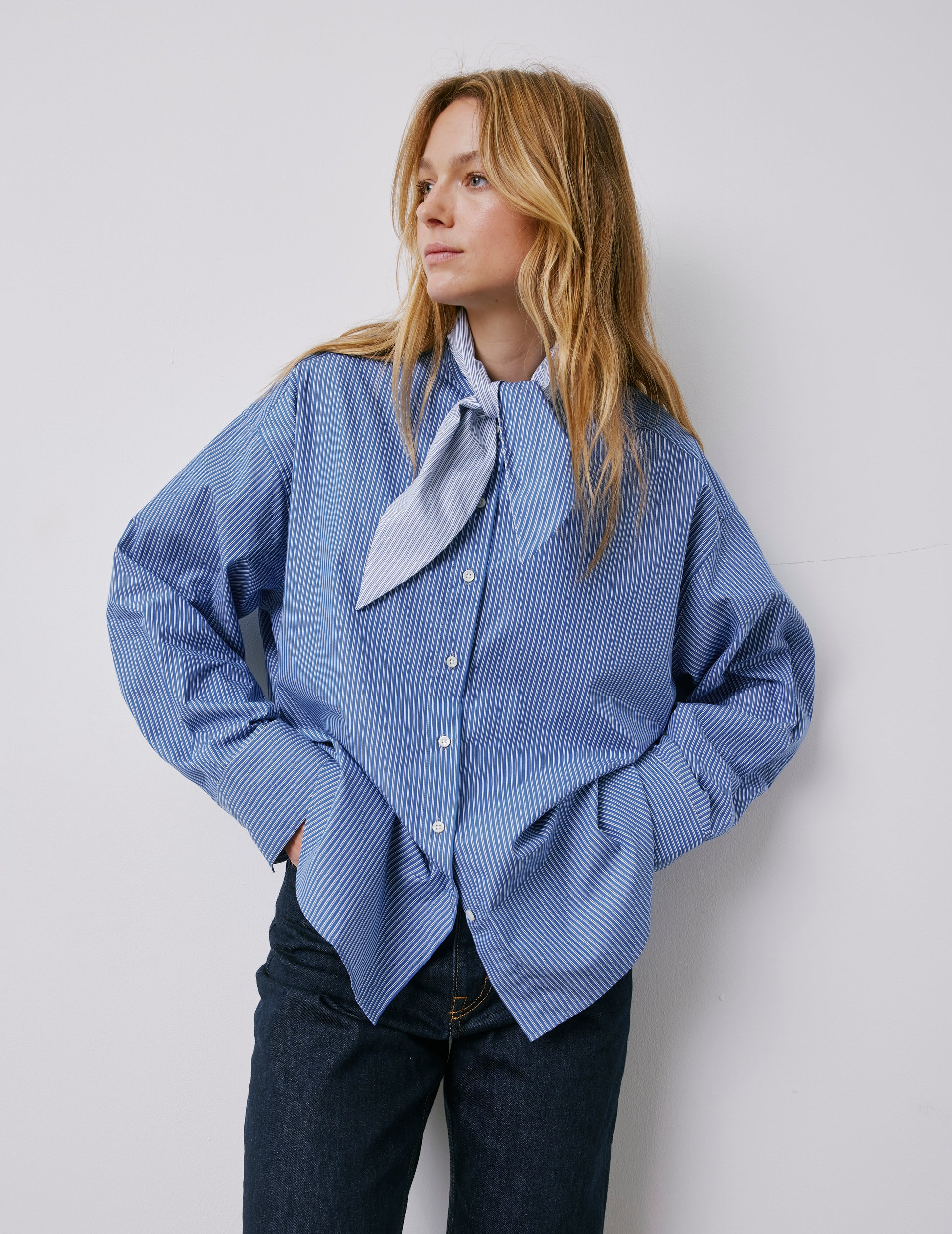 Margaux blue striped shirt - Poplin - Lavaliere Collar