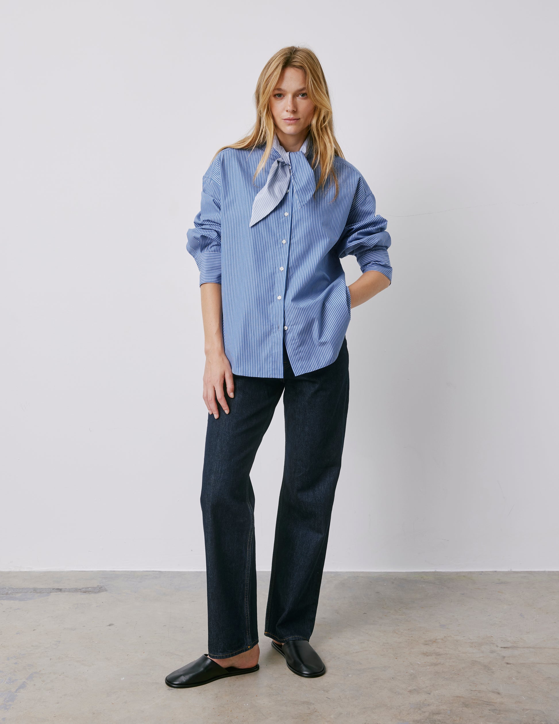 Margaux blue striped shirt - Poplin - Lavaliere Collar