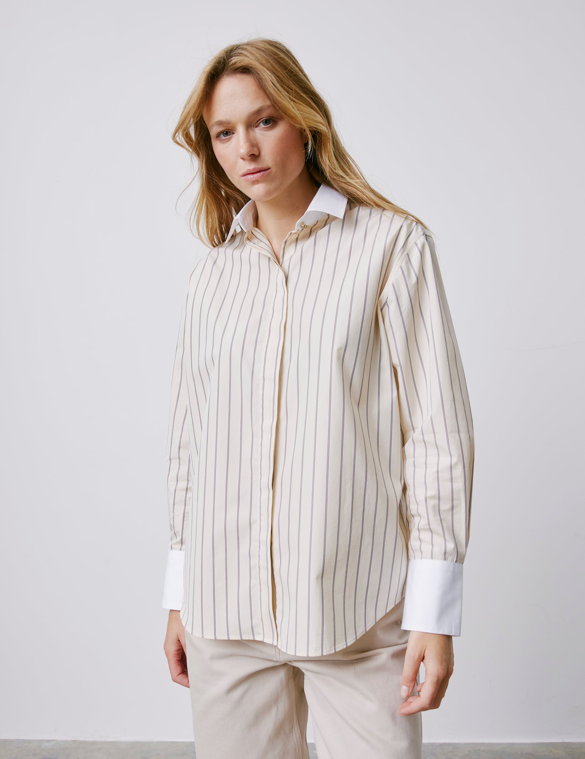 Mathéa beige striped hidden button placket shirt - Poplin - Shirt Collar