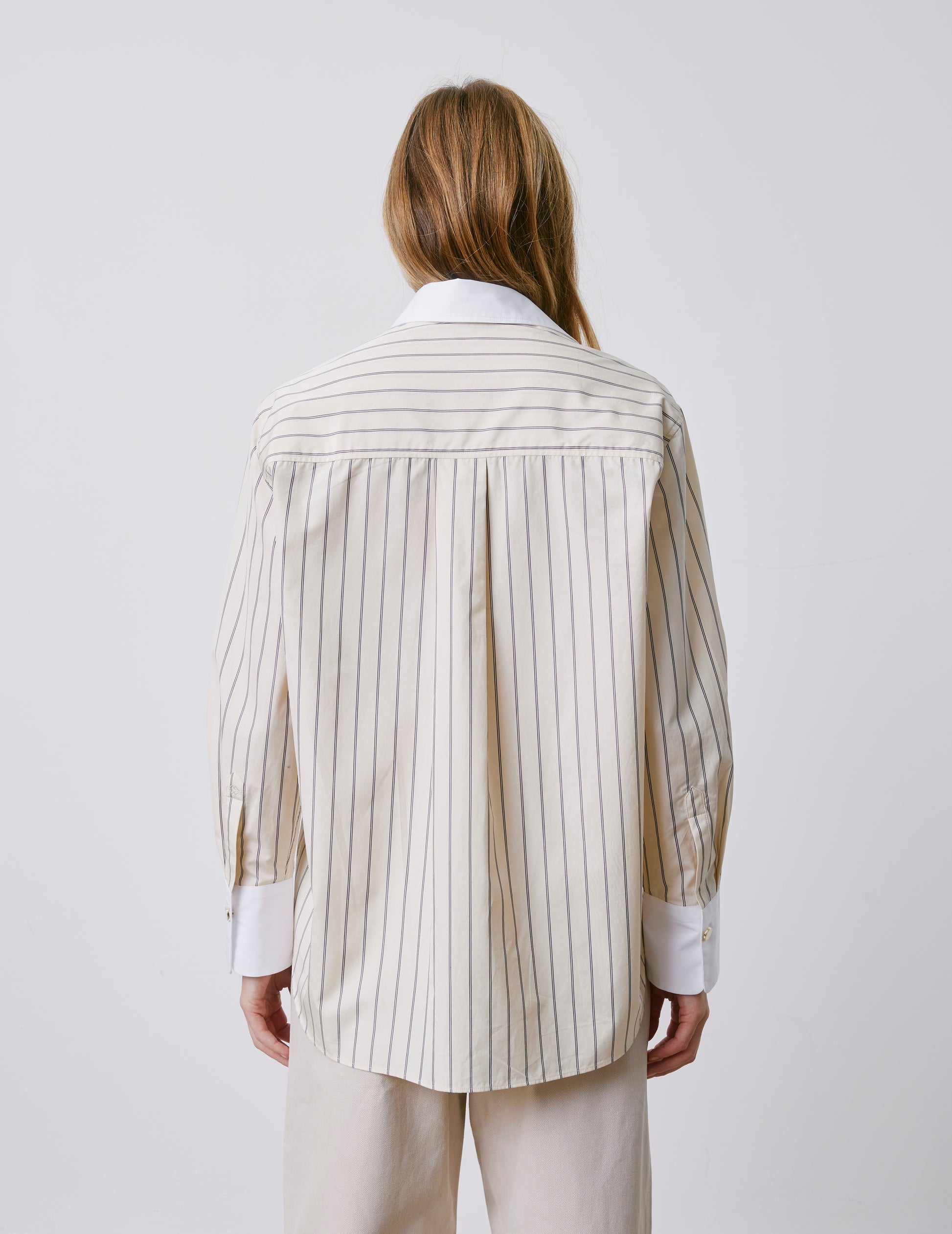 Mathéa beige striped hidden button placket shirt - Poplin - Shirt Collar