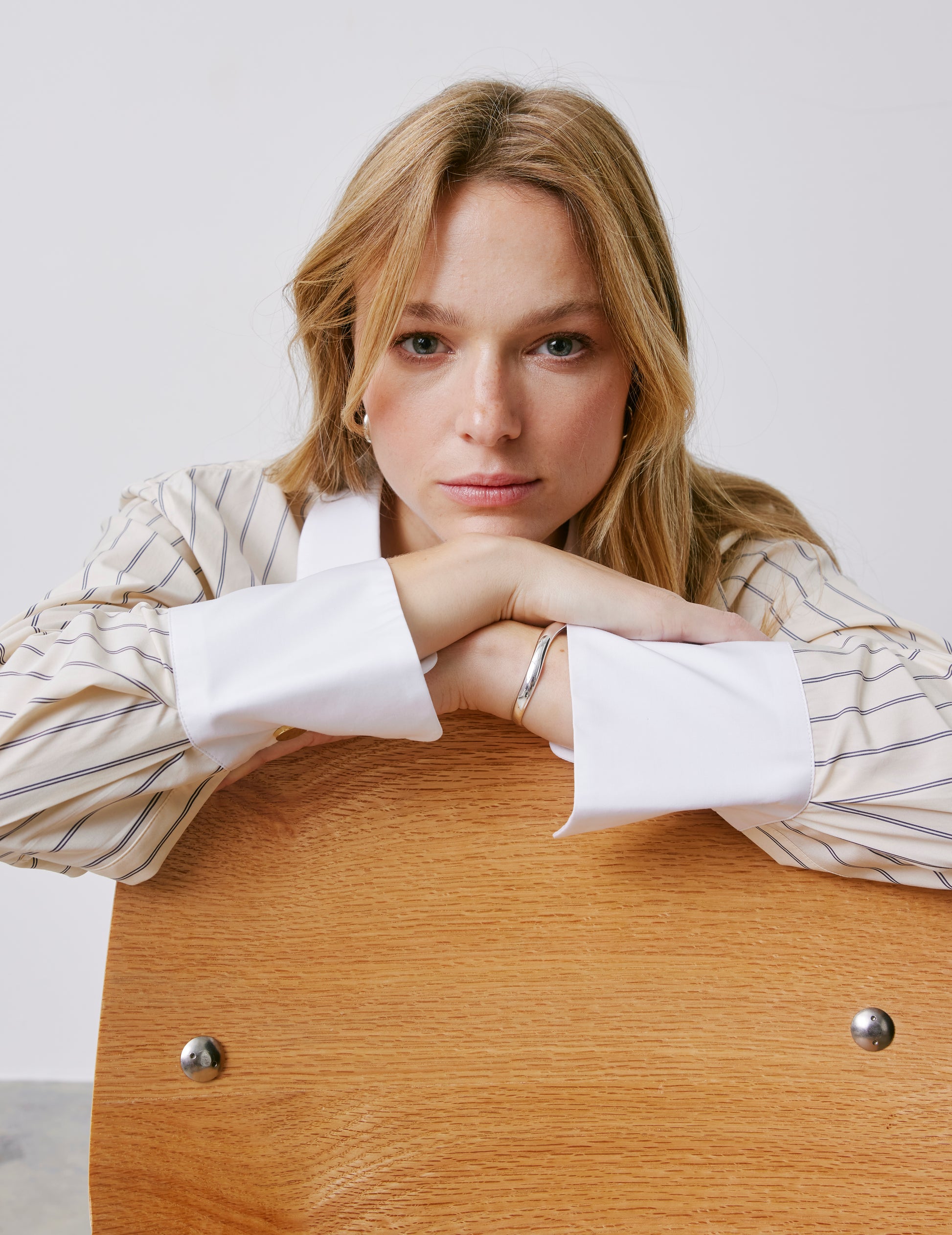 Mathéa beige striped hidden button placket shirt - Poplin - Shirt Collar