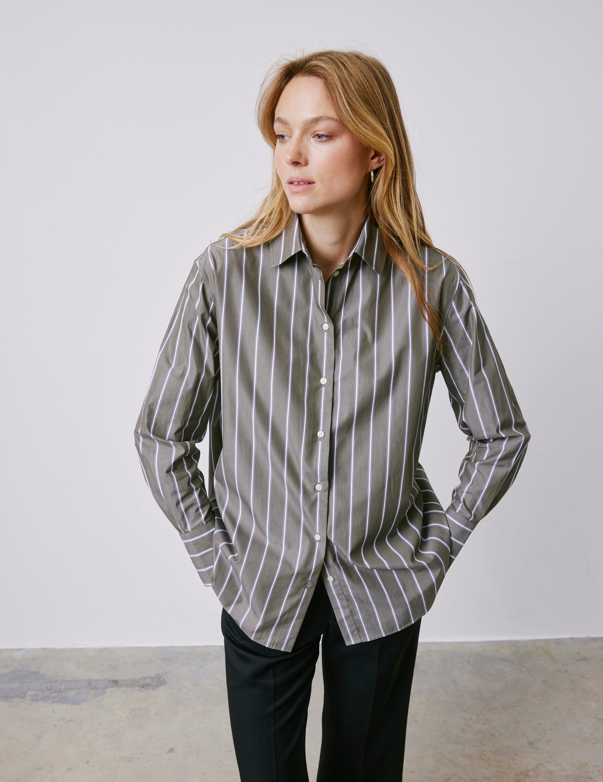 Mathilde khaki striped oversized shirt - Poplin - Shirt Collar