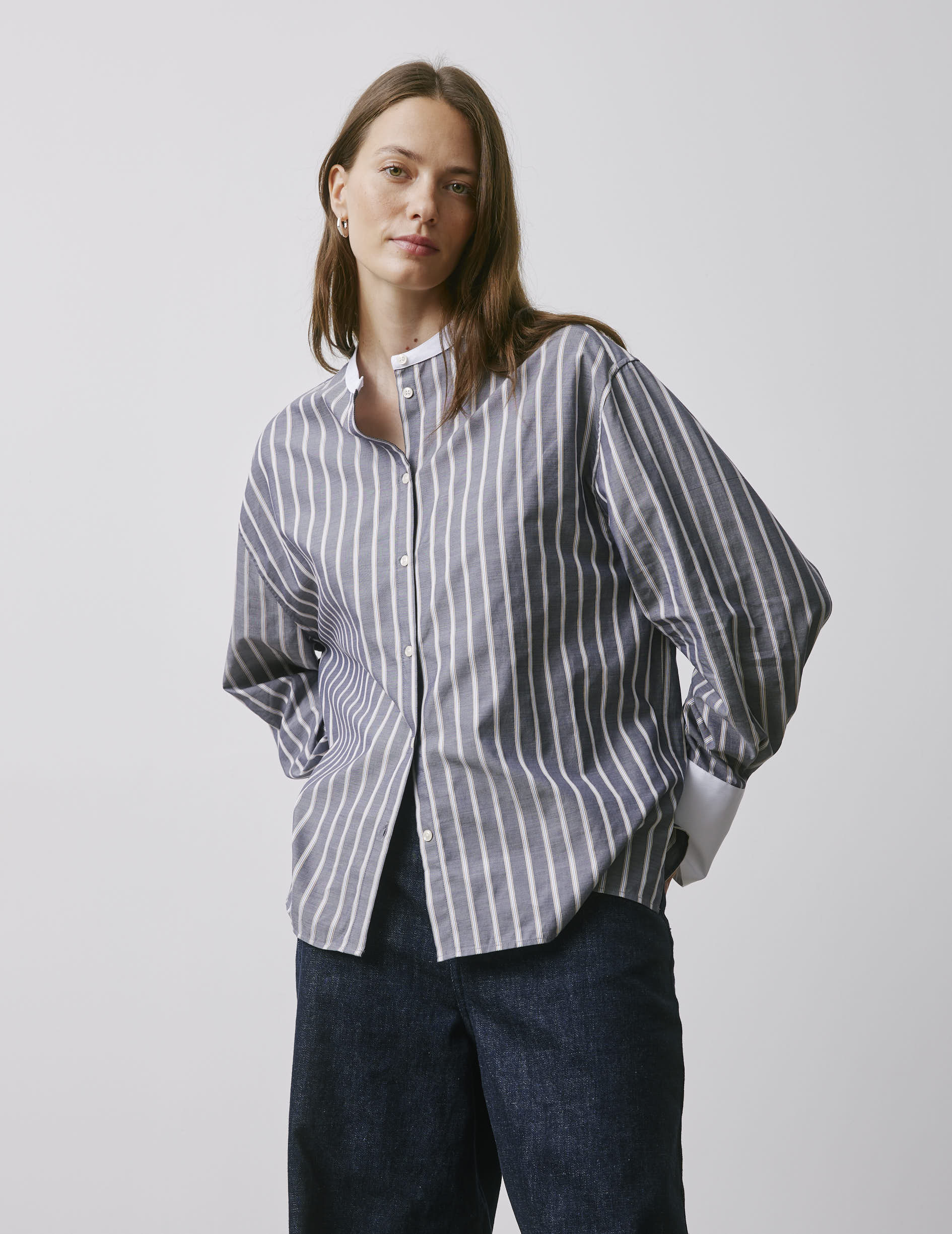 Maureen gray striped oversized shirt - Fil-à-fil - Officer Collar