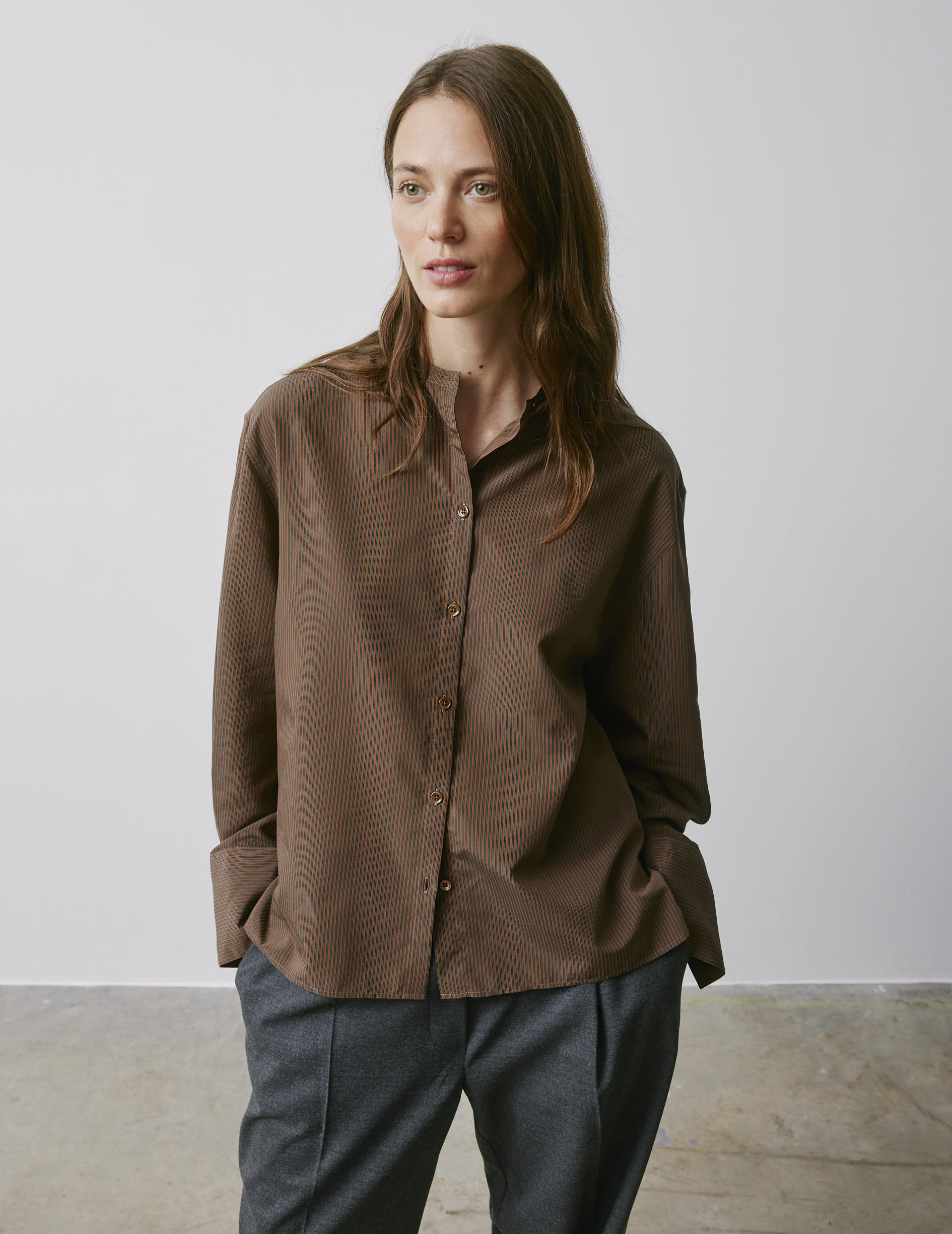 Maureen brown striped oversized shirt - Lyocell - Officer Collar