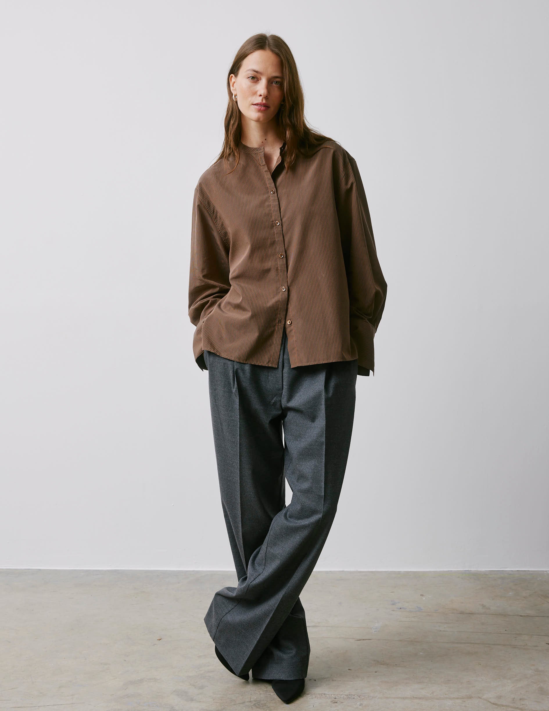 Maureen brown striped oversized shirt - Lyocell - Officer Collar