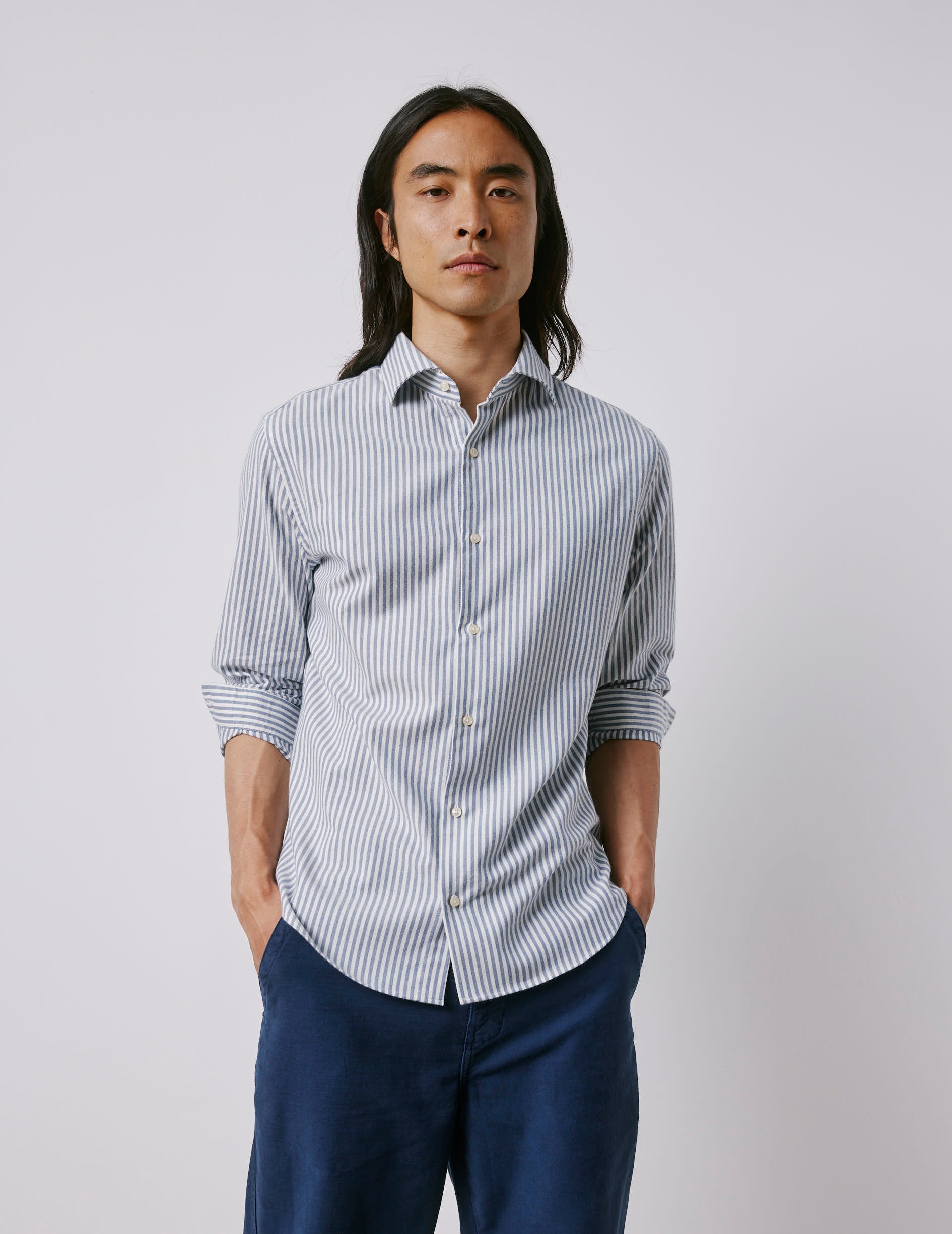 Aristote navy striped shirt - Flannel - Italian Collar