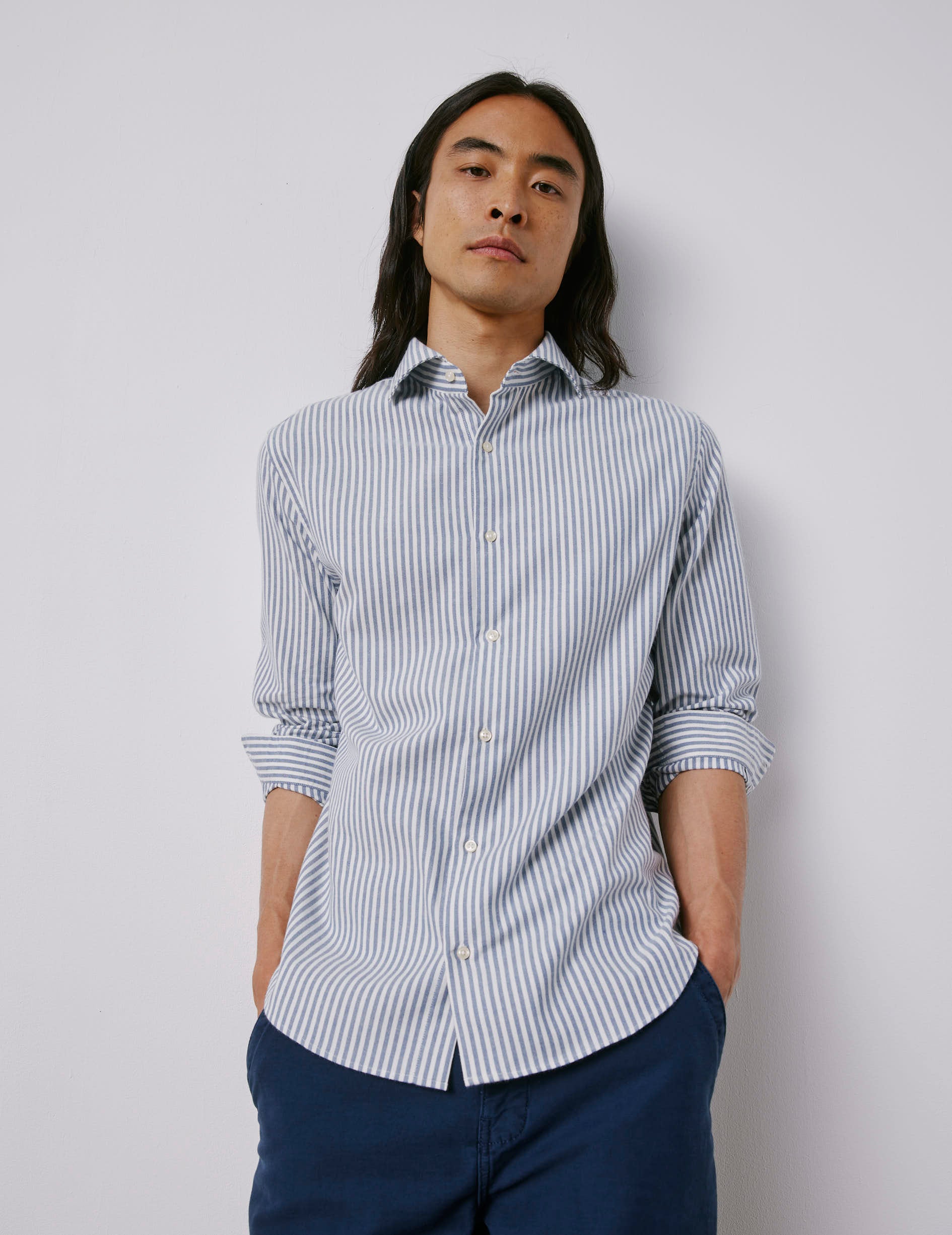 Aristote navy striped shirt - Flannel - Italian Collar