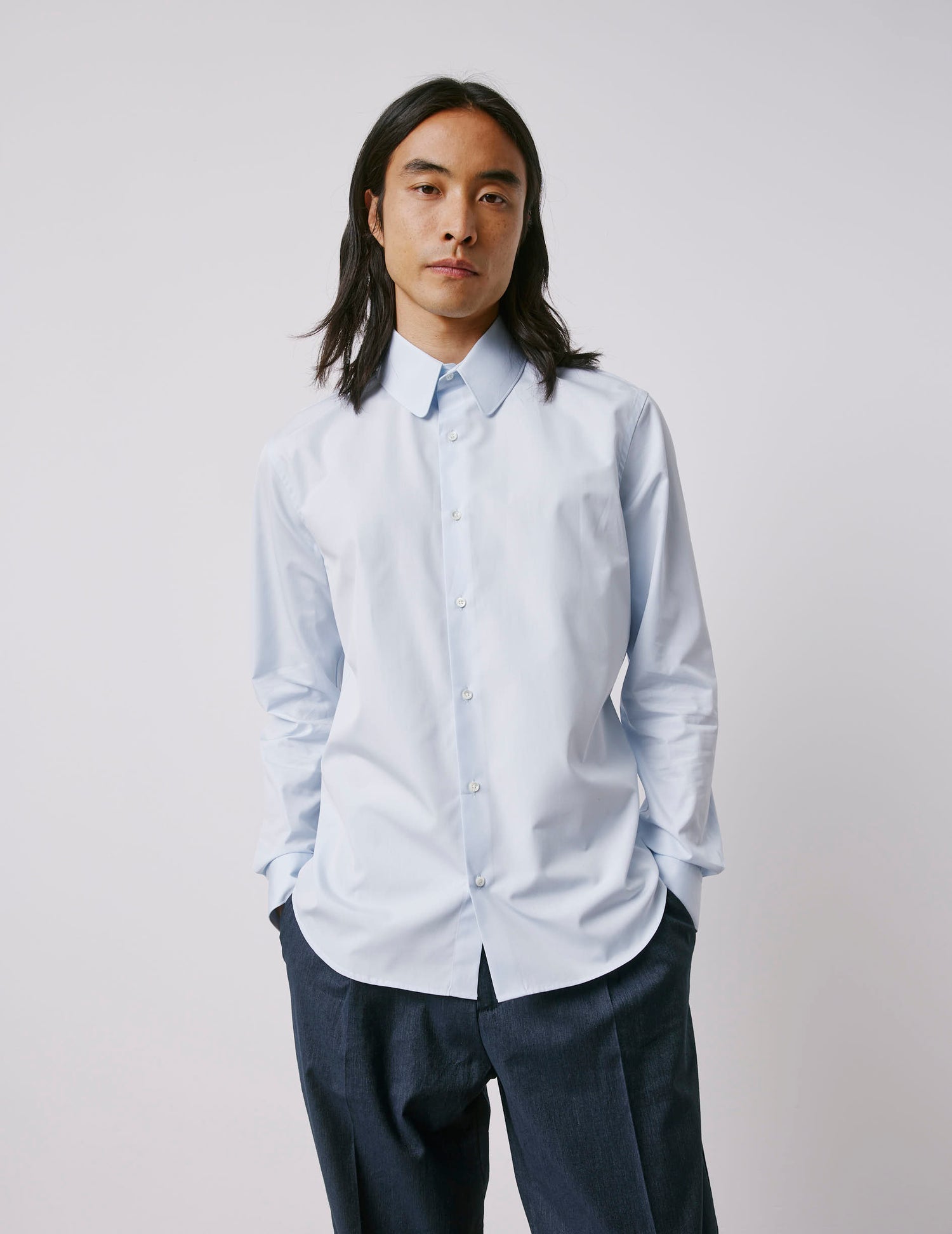 Semi-fitted blue shirt - Poplin - Round Collar#3