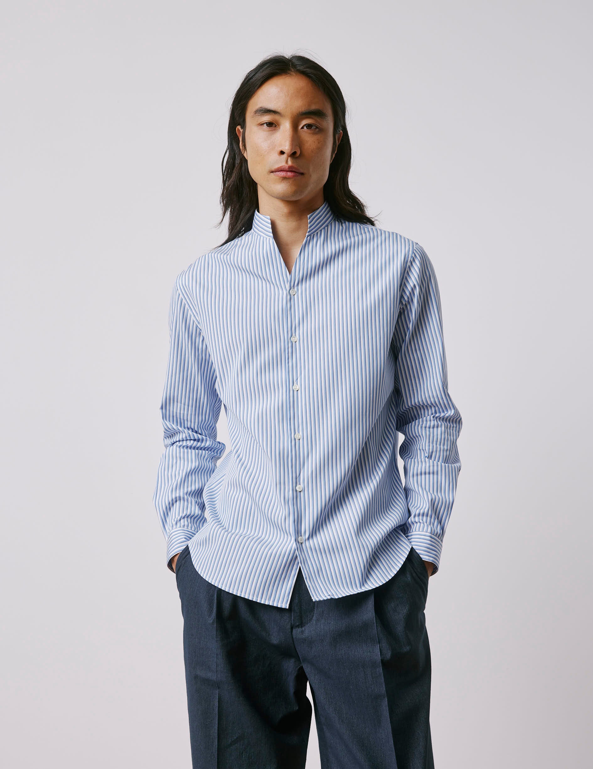 Carl blue striped shirt - Poplin - Open straight Collar