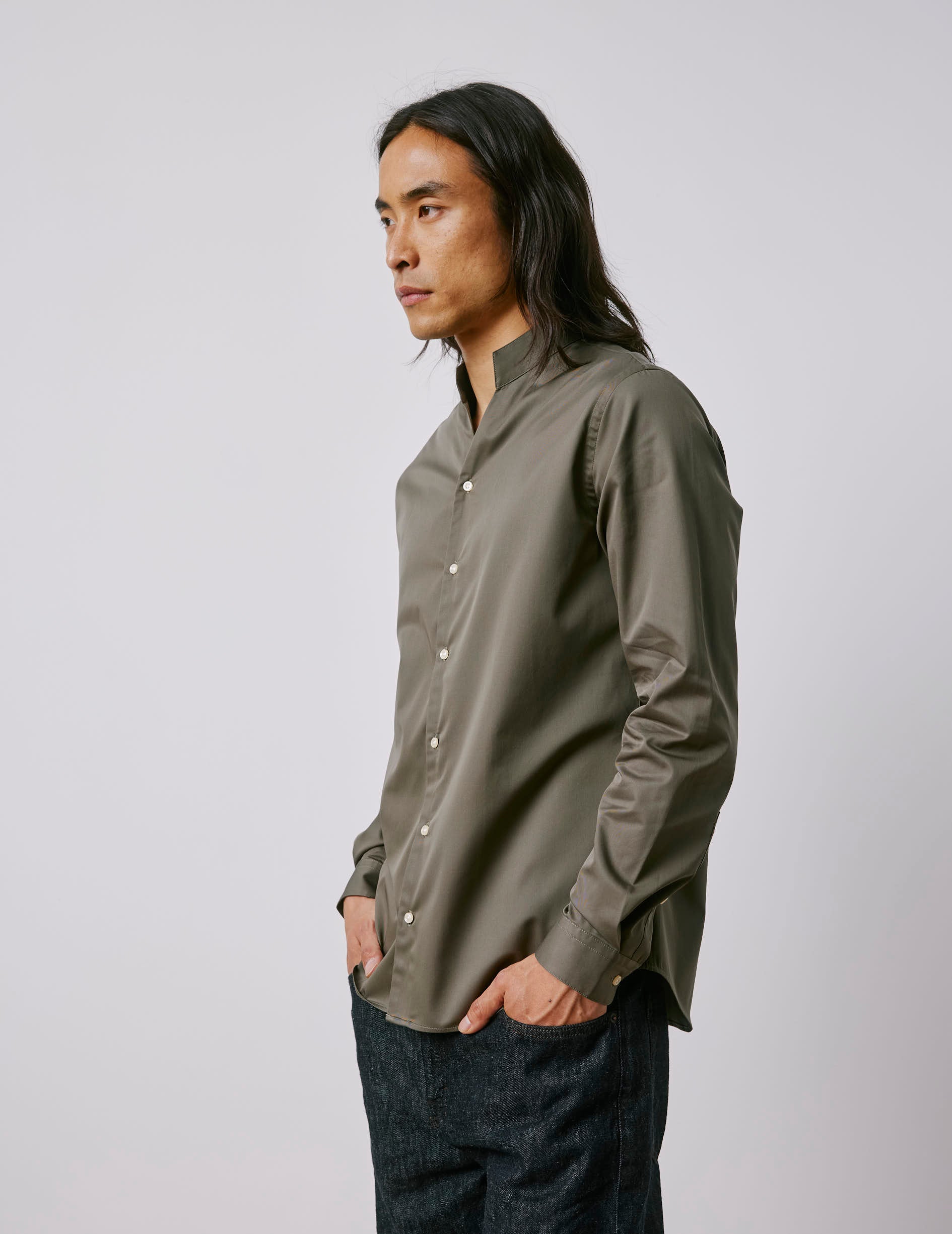 Carl khaki shirt - Twill - Open straight Collar