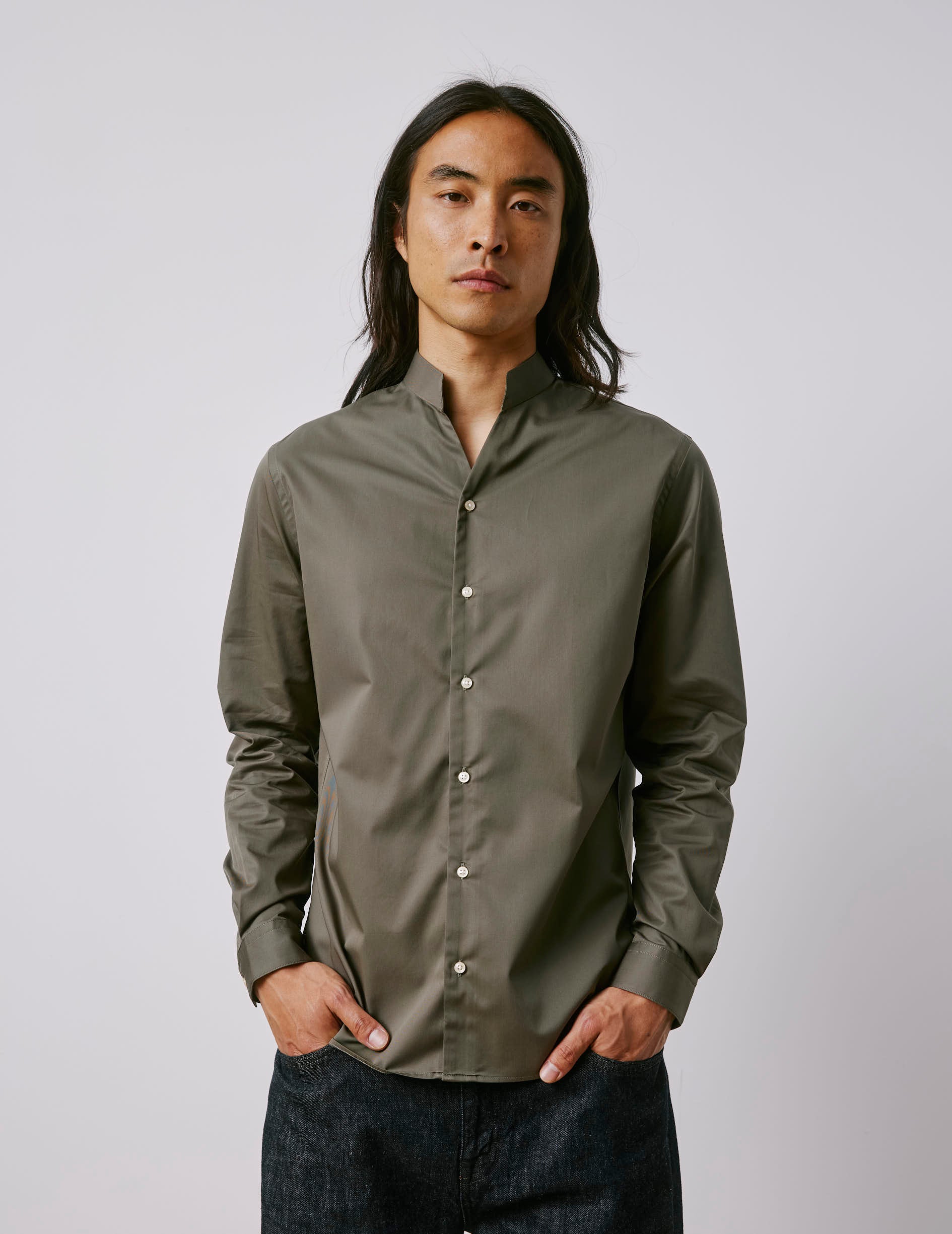 Carl khaki shirt - Twill - Open straight Collar