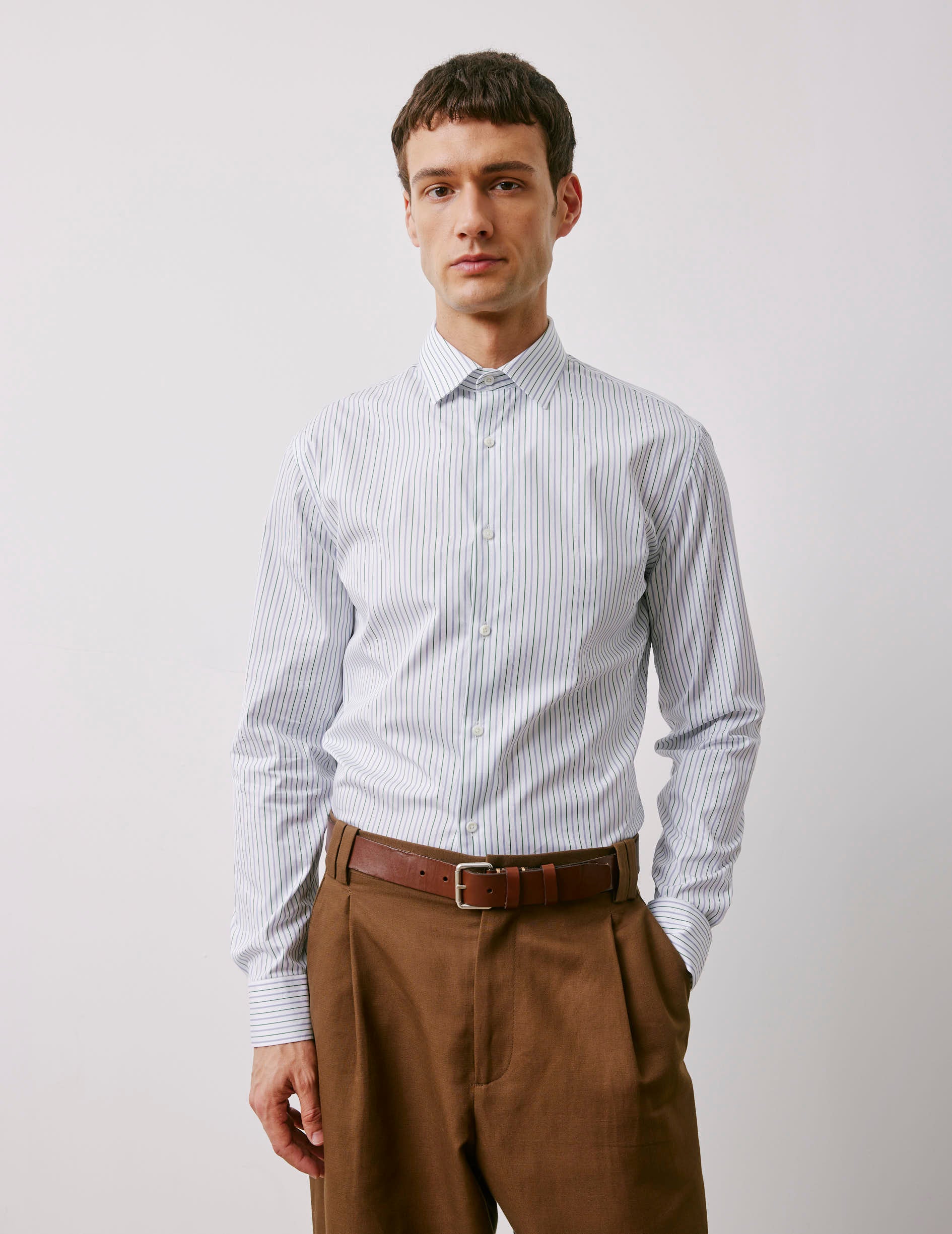 Green striped fitted shirt - Poplin - Figaret Collar