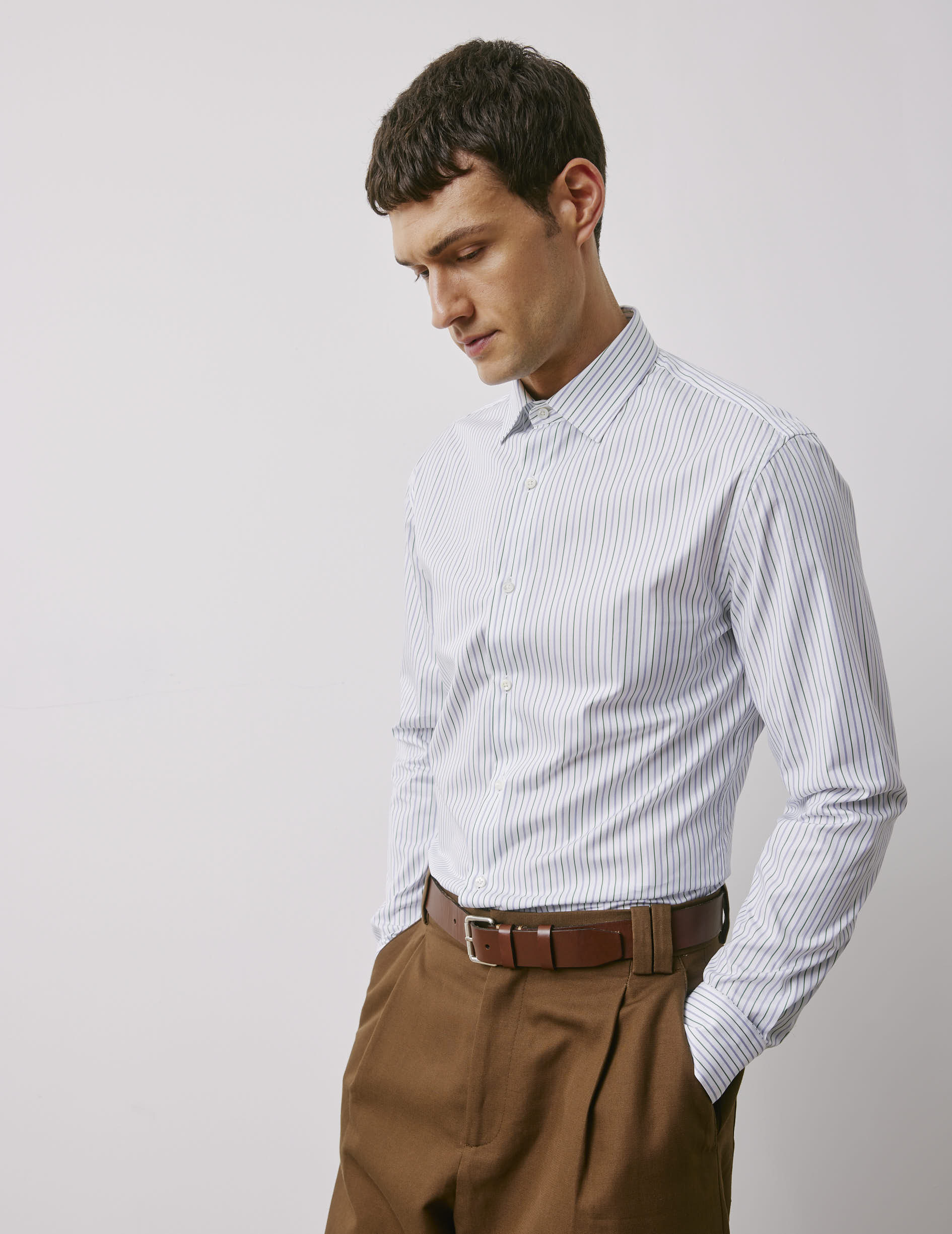 Green striped fitted shirt - Poplin - Figaret Collar