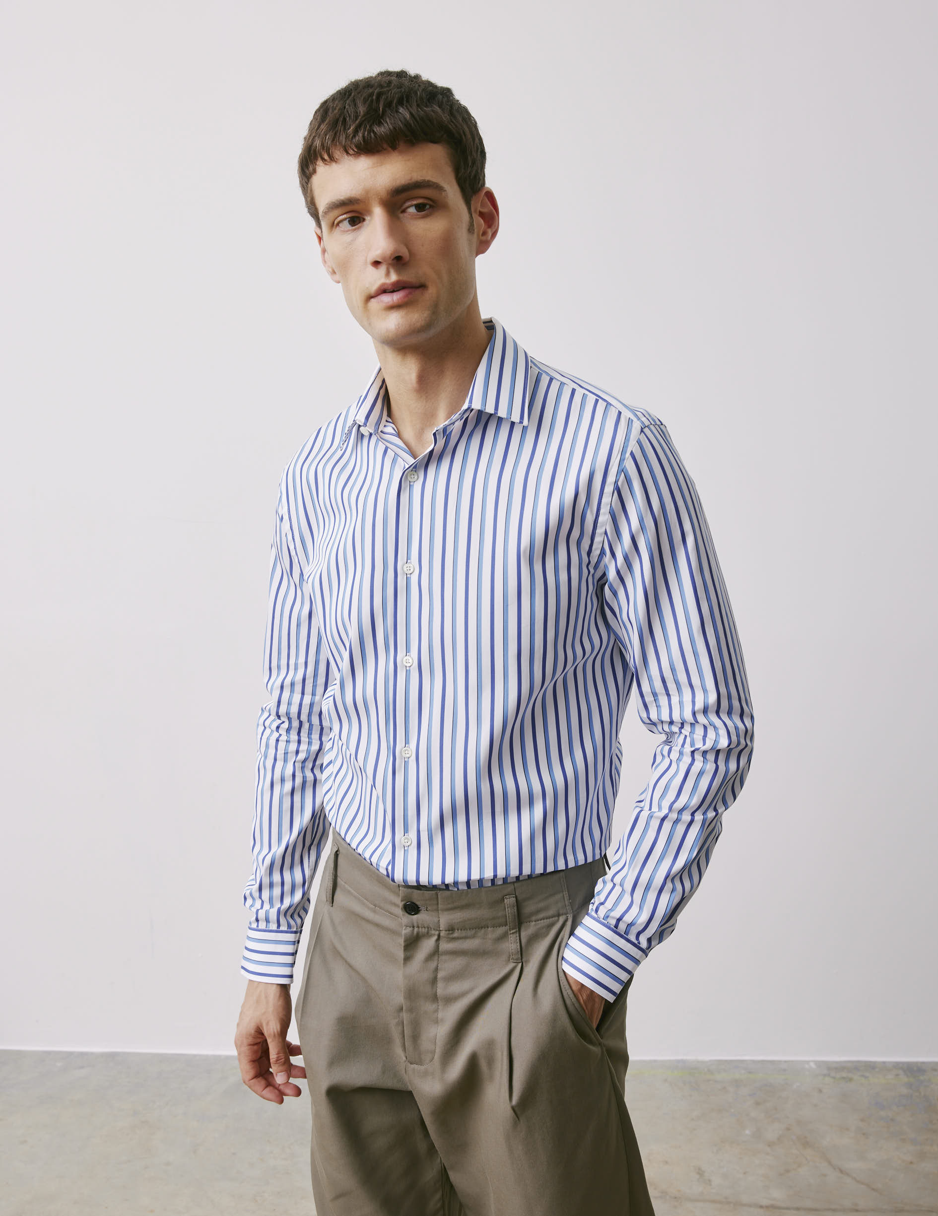 Fitted blue striped shirt - Poplin - Figaret Collar