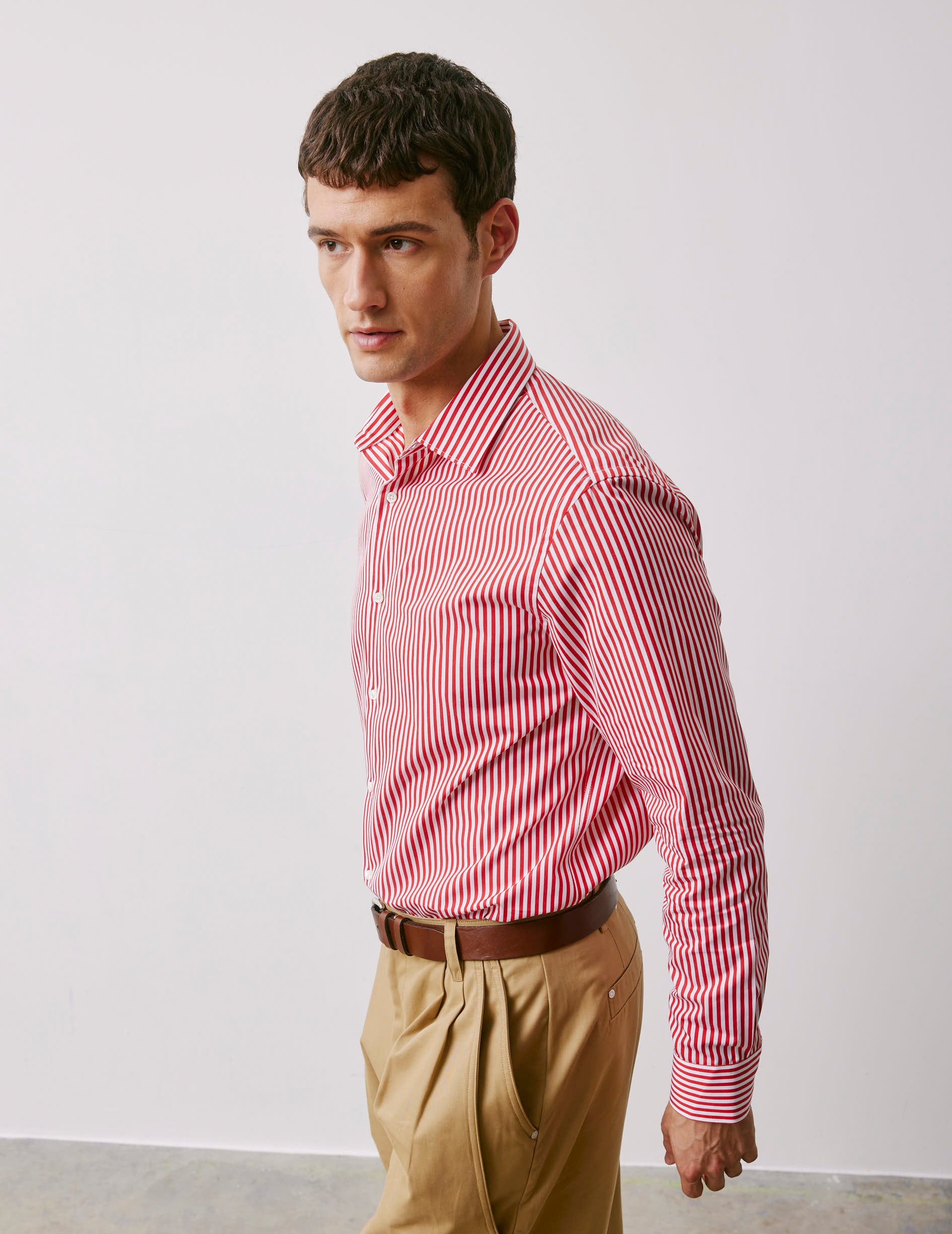 Semi-fitted striped red shirt - Poplin - Figaret Collar