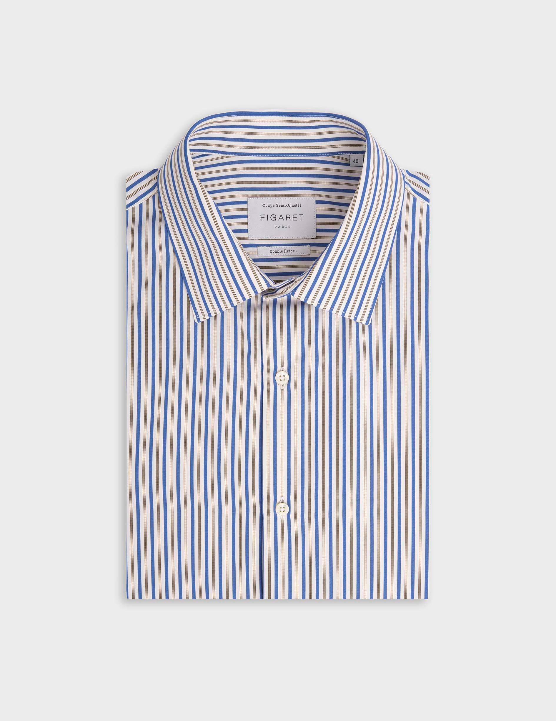 Blue striped semi-fitted shirt - Poplin - Figaret Collar