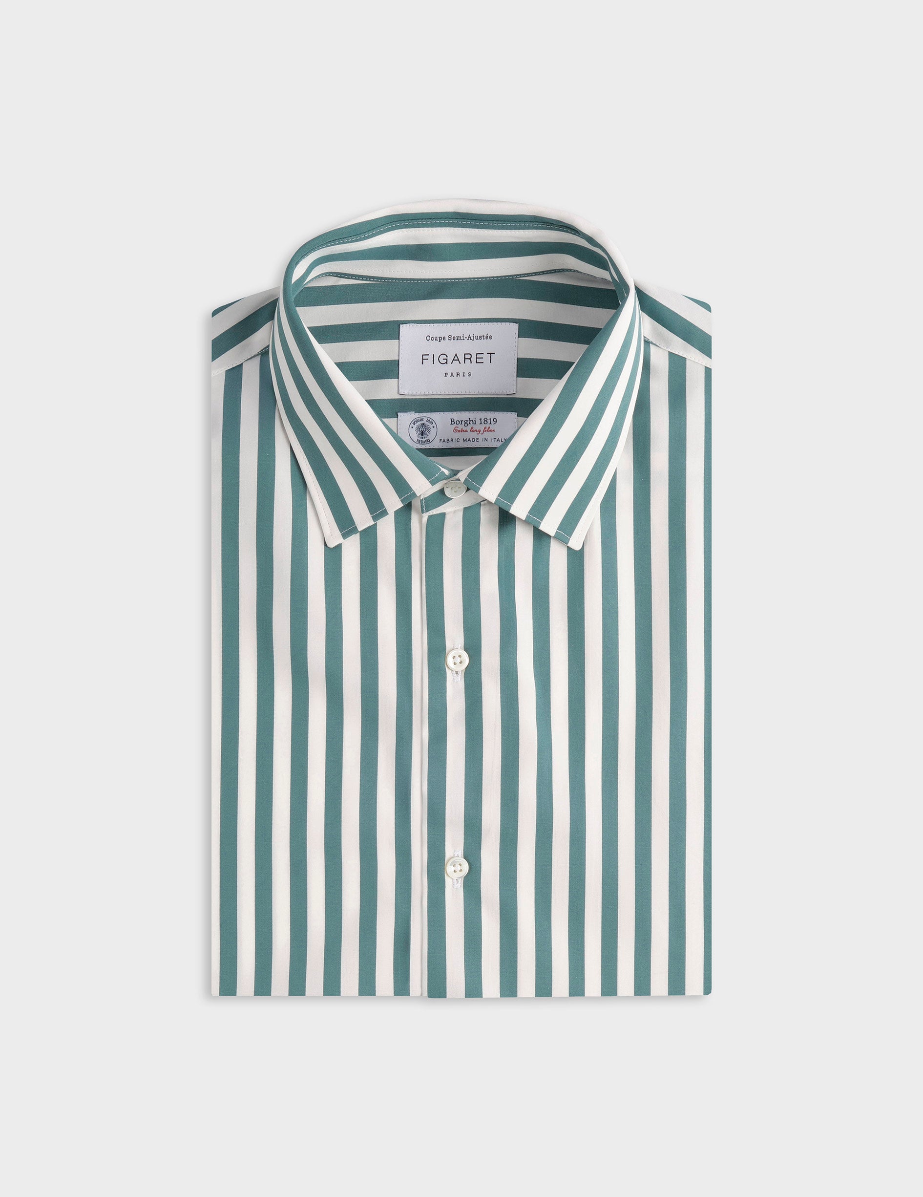 Semi-fitted sage green striped shirt - Poplin - Figaret Collar