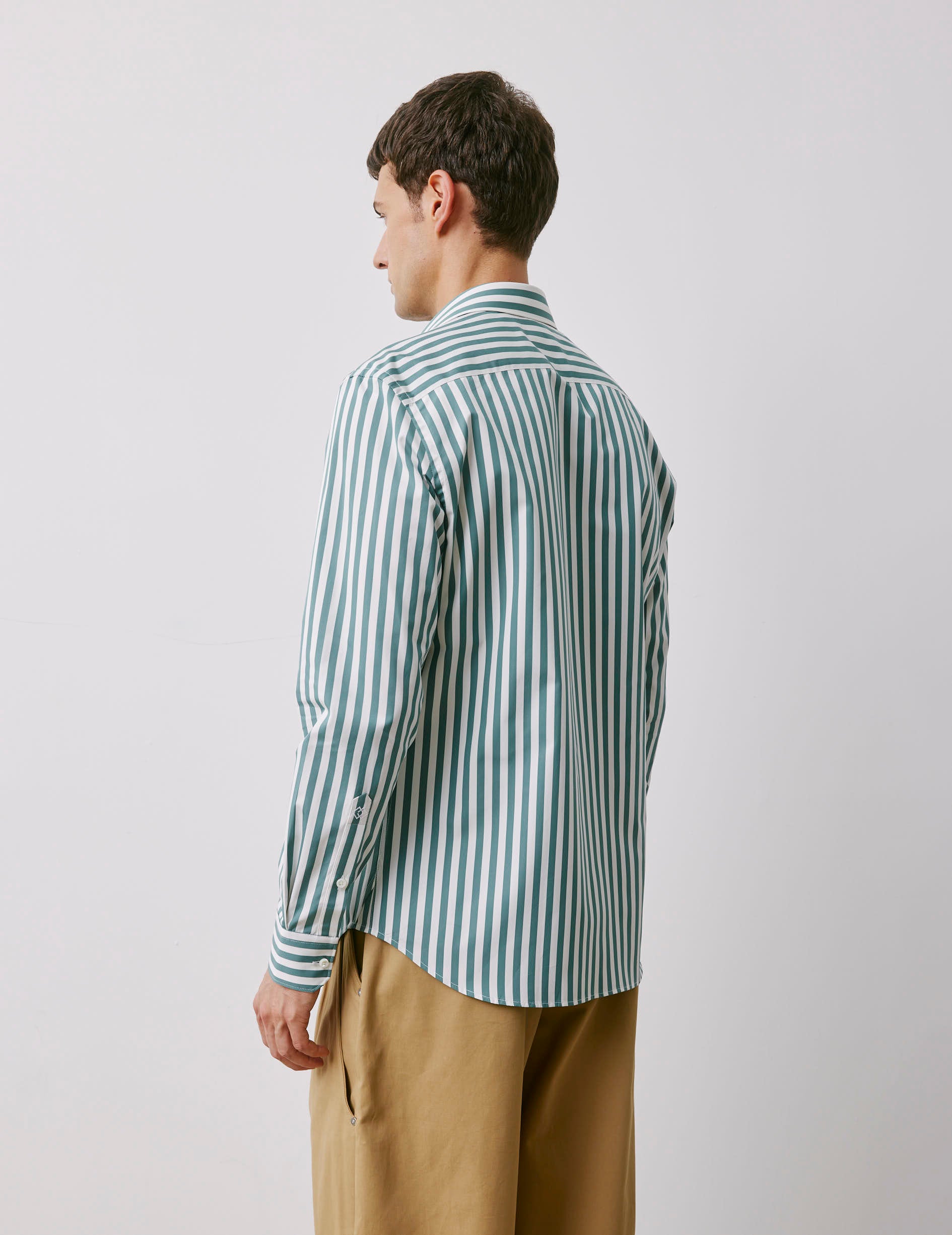 Semi-fitted sage green striped shirt - Poplin - Figaret Collar