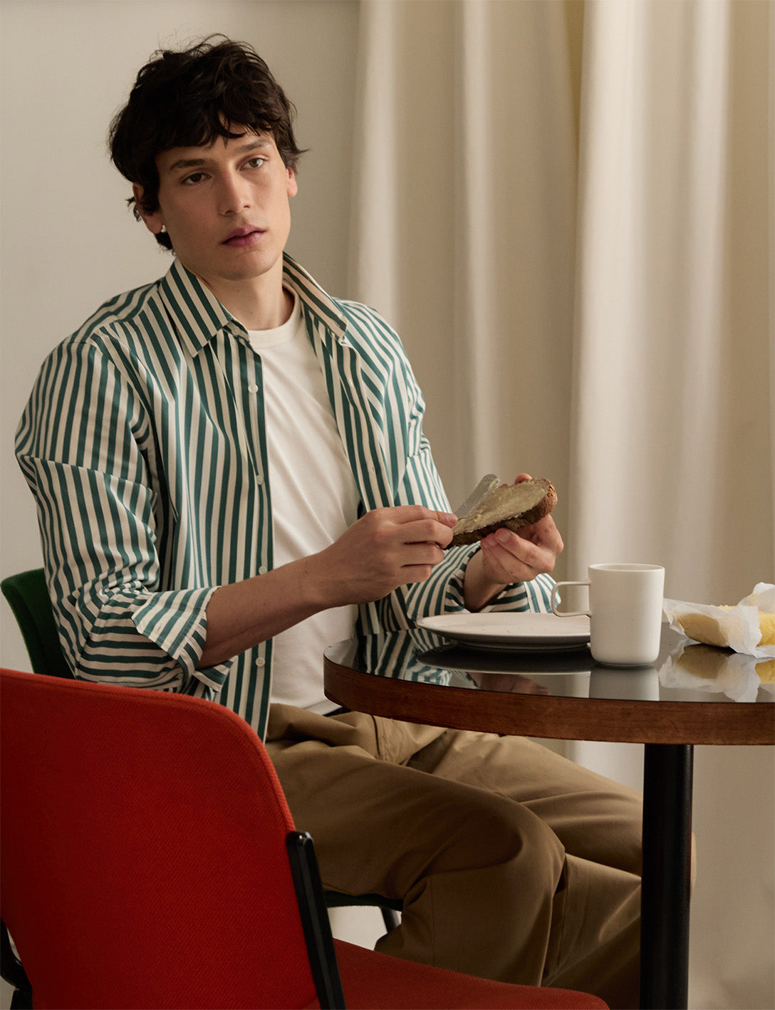 Semi-fitted sage green striped shirt - Poplin - Figaret Collar