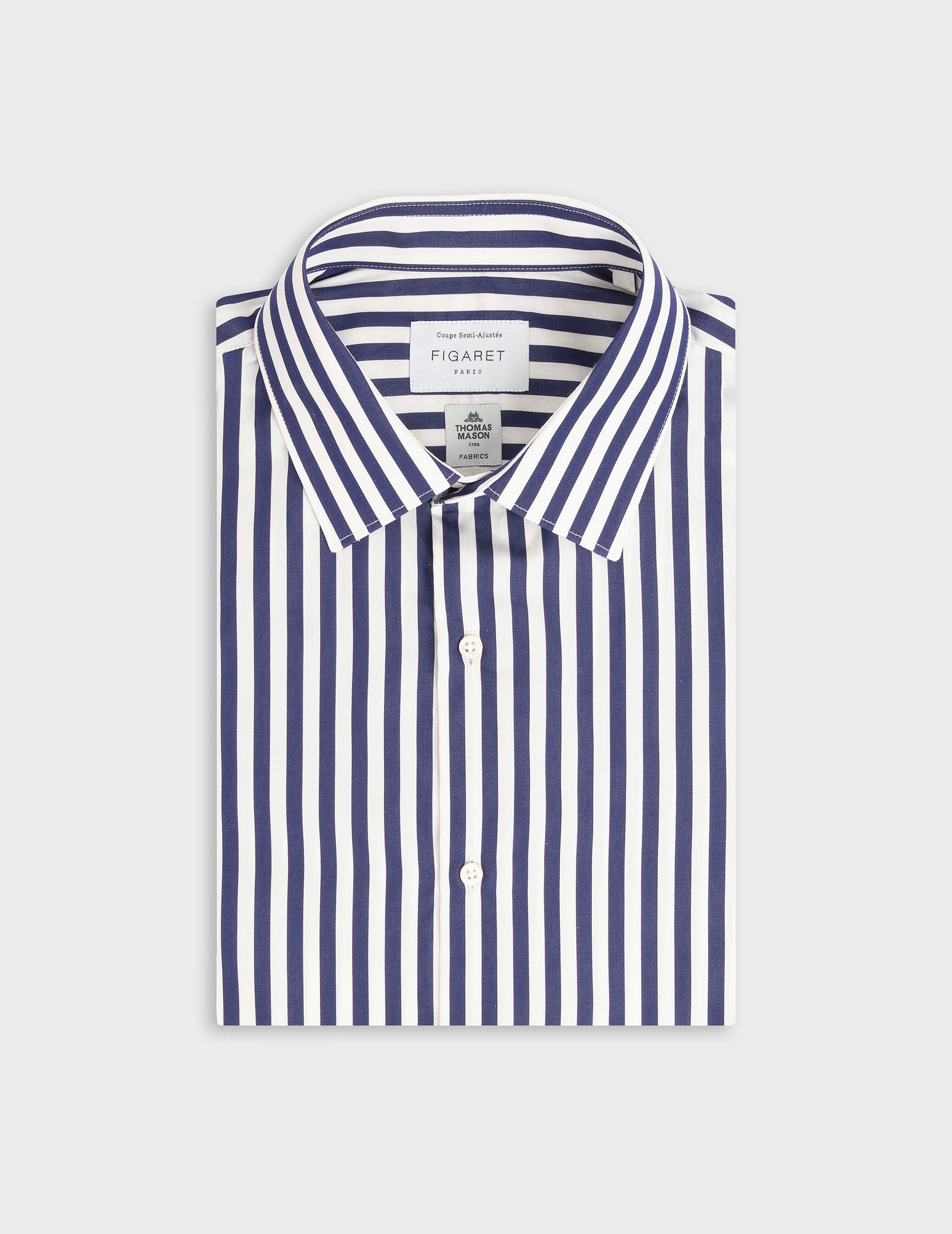 Semi-fitted navy striped shirt - Poplin - Figaret Collar