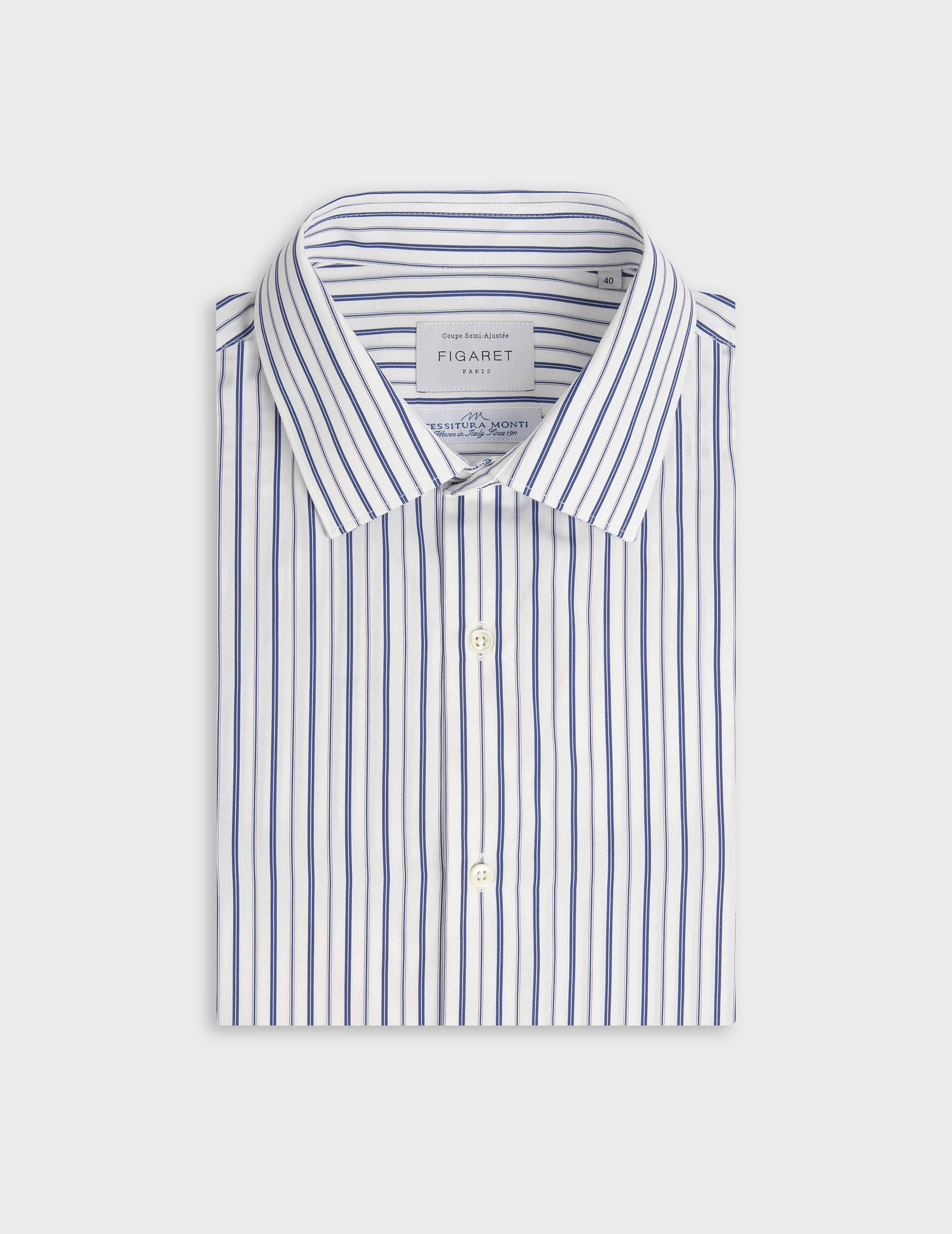 Navy striped semi-fitted shirt - Poplin - Figaret Collar